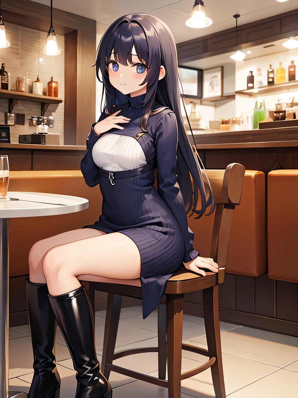 Women wear mini-knit dresses with wide open chests that clearly show off their body lines..、Wearing long boots。Hairstyle is semi-long。The place is a café。