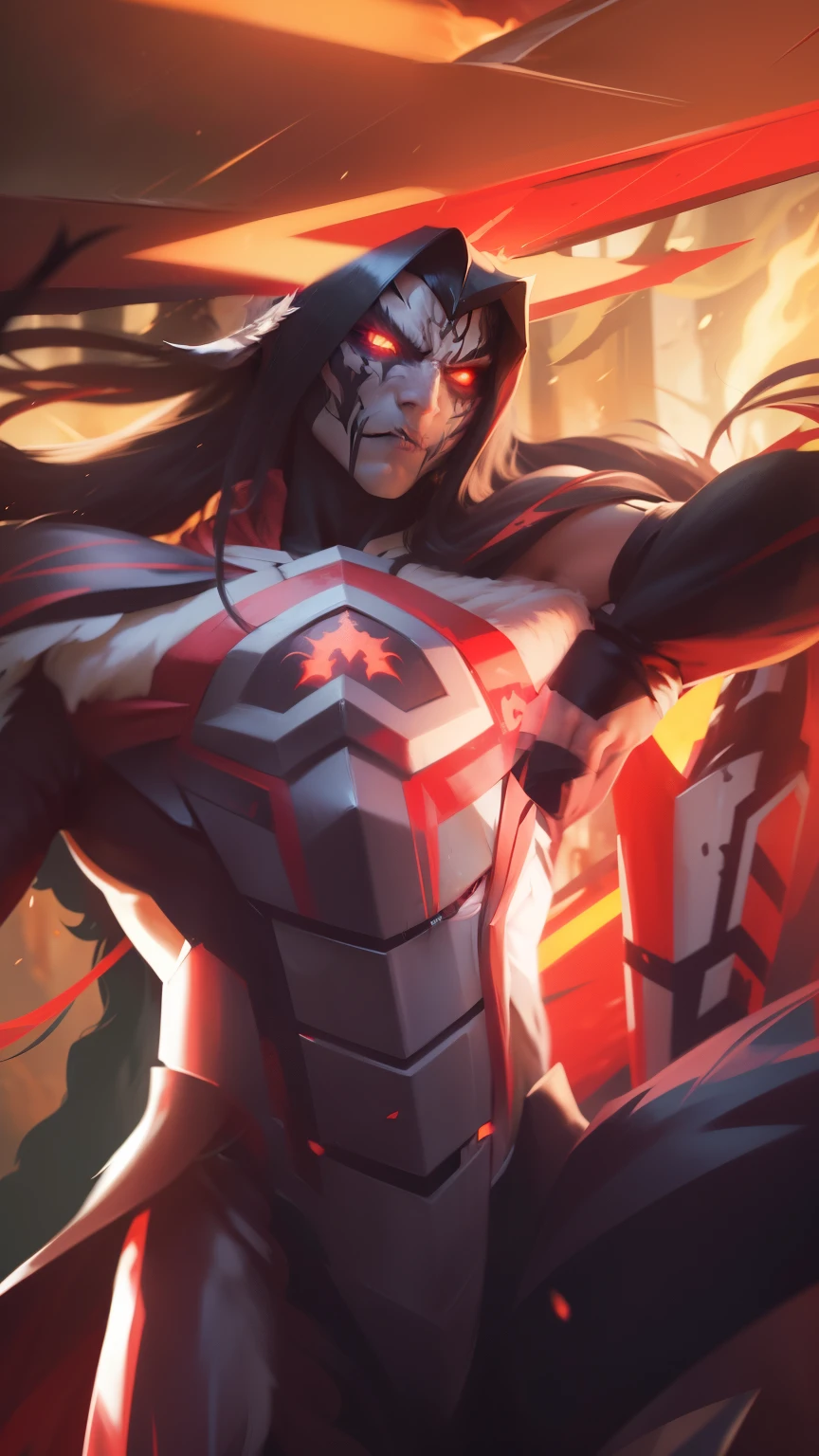 masked man with long hair, thick feather coat, long horns, elf ears, flaming amber eyes, scarred body, angry glare,, detailed Hair, RAW photo, twilight dragon, masterpiece, 8k, best quality, highly detail, ultra realistic, no face.