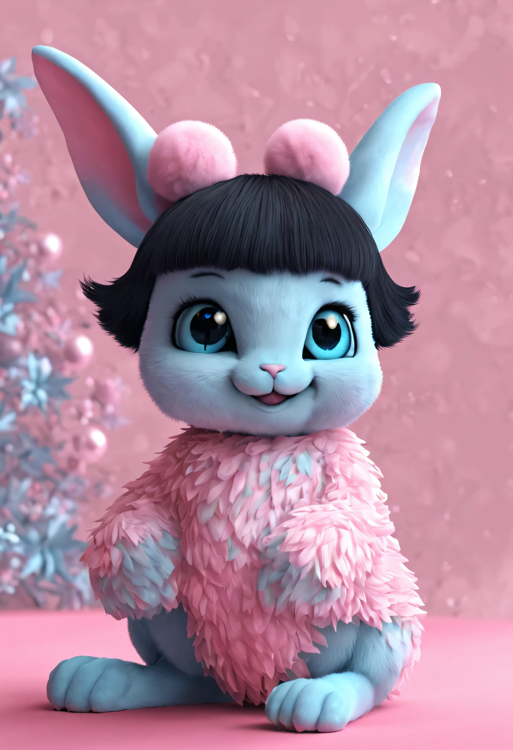 brunette color hair, hairy balls, Wins, Long eyelashes, Solid round eyes, fakeanimalears, light  smile, Ear ring, square, ultra-realistic realism, shadowing, anaglyph, stereograms, Standing painting, Perspectives, atmosphric perspective, 8K, super detailing, acurate, Best quality at best，
Christmas Eve 2024 poster design，Pink and blue as main colors， (Cute blue Chinese dragon is shaking hands with playful fluffy bunny：1.23），2024，