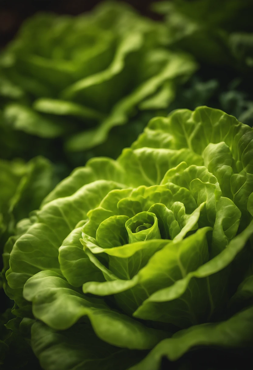 an abstract shot of lettuce leaves arranged in a visually appealing pattern or design, experimenting with creative compositions and lighting techniques to create a visually stunning image