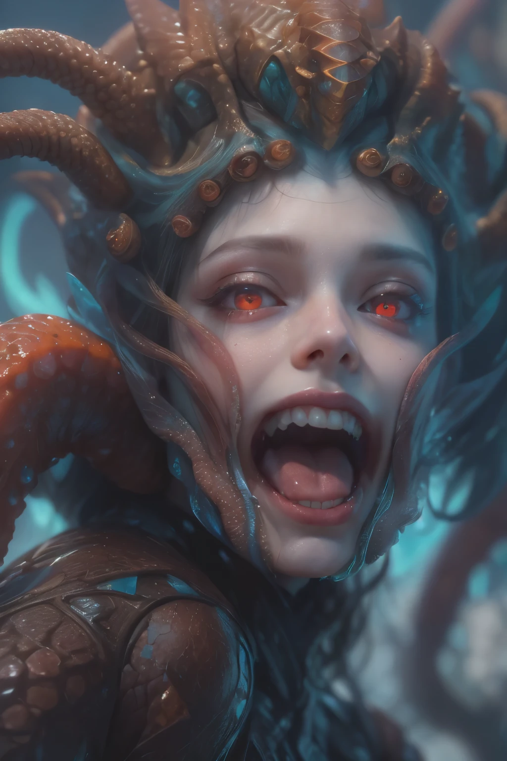 Portrait, (beautiful female alien:1.2), (she has red eyes with no pupils:1.8), (Translucent skin:1.7), (There is a female genital-like organ in the middle of the forehead.:1.9), (The most beautiful face in the history of the universe:1.2),an evil gaze that seduces, (large mouth:1.1), (sharp teeth like a vampire:1.2), Full body like, (bio luminescent:1.5), (Smile wickedly:1.3), (sexypose:1.5), alien, No humans, cells are fused, (Lots of translucent tentacles:1.3) extraterrestrial, cell, bio image, Best Quality, 8K,4K_quality, High Definition, Dramatic Lighting, masutepiece:1.5,cinematic quality, detail up, (Intricate details:1.2), High resolution, High Definition, drawing faithfully, (Thick eyebrows:1.2), Beautiful eyes with fine symmetry,(Highly detailed face and eyes:1.2), Intimate face, (Super detailed skin quality feeling:1.4), Perfect Anatomy, (Beautiful toned body:1.5), (Moist skin:1.2), No makeup, (dark circles:1.1), long canines, cinematic drawing of characters, ultra high quality model, cinematic quality, detail up, (Intricate details:1.2), High resolution, High Definition, drawing faithfully, Official art, Unity 8K wall , 8K Portrait, Best Quality, Very High resolution, ultra detailed artistic photography, midnight aura, unreal enginee 5, Ultra Sharp Focus, art by alberto seveso, ArtGerm, Roisch, intricate artwork, best quality, masutepiece, ultra High resolution, (photos realistic:1.4), Ultra-realistic realism, dream-like, nautilus, Creation of fantasy, Snail, Dream Snail, biopunk nautilus, Thrilling color schemes, Ultra-realistic realism, seductively smiling, Blue tentacles,