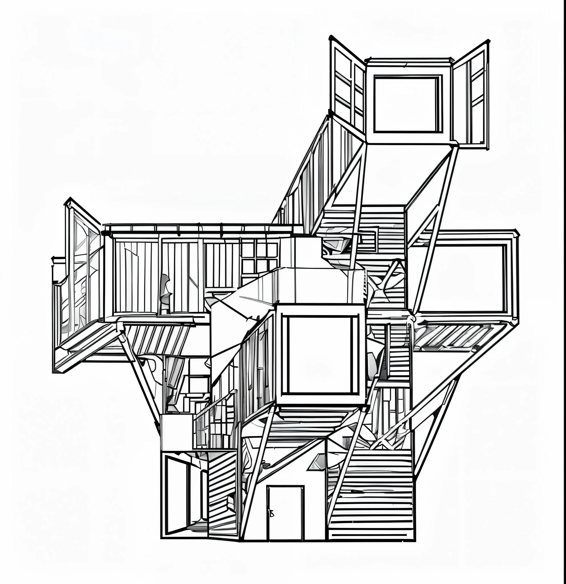 Real-life architecture made from stacked shipping container materials or human shelters,architecture adopts lively、Stylish colors,windows are made of glass,Stereoscopic effect,high detal,Needs coloring