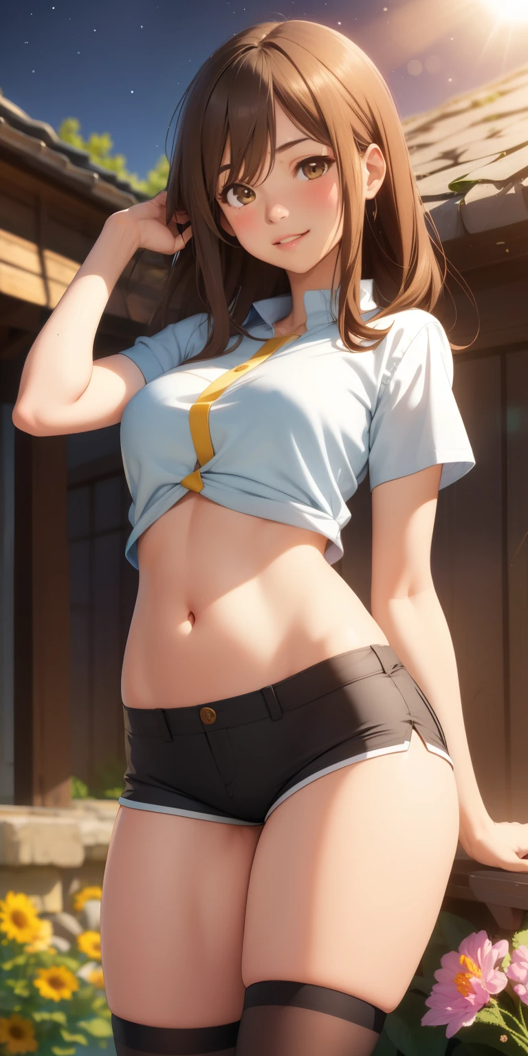 masterpiece, best quality, realistic, adult girl, smile, Aqua Konosuba, long brown hair, brown eyes, bright eyes, short shirt, perfect belly, ripped short shorts, tight tights, perfect legs, parted lips, blush, night, flowers, sun, sunlight.