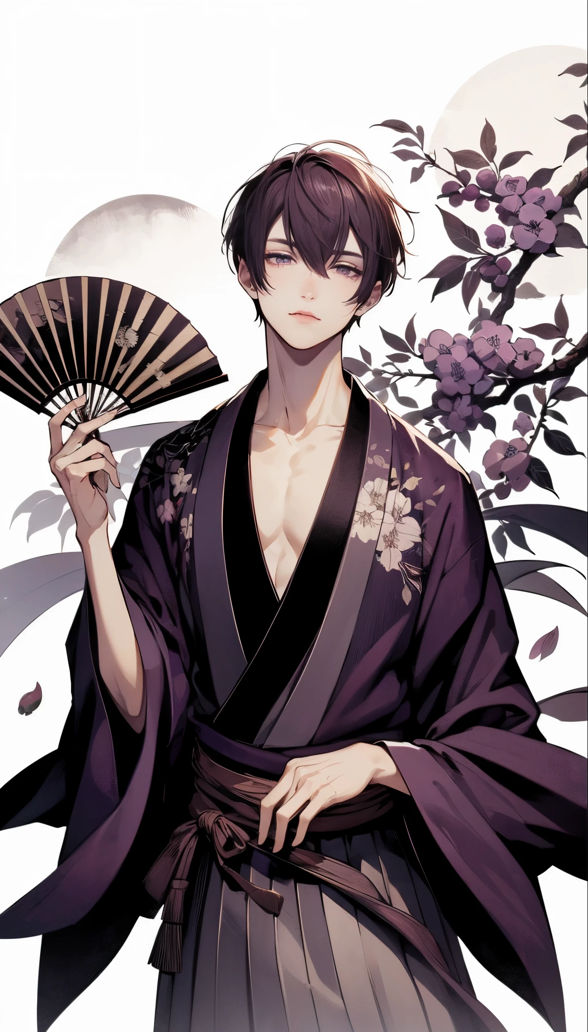 Beautiful young man, slanted purple eyes, short hair, dark purple masculine kimono, fan, white background with a large plum tree, Japanese atmosphere, cool, stylish,