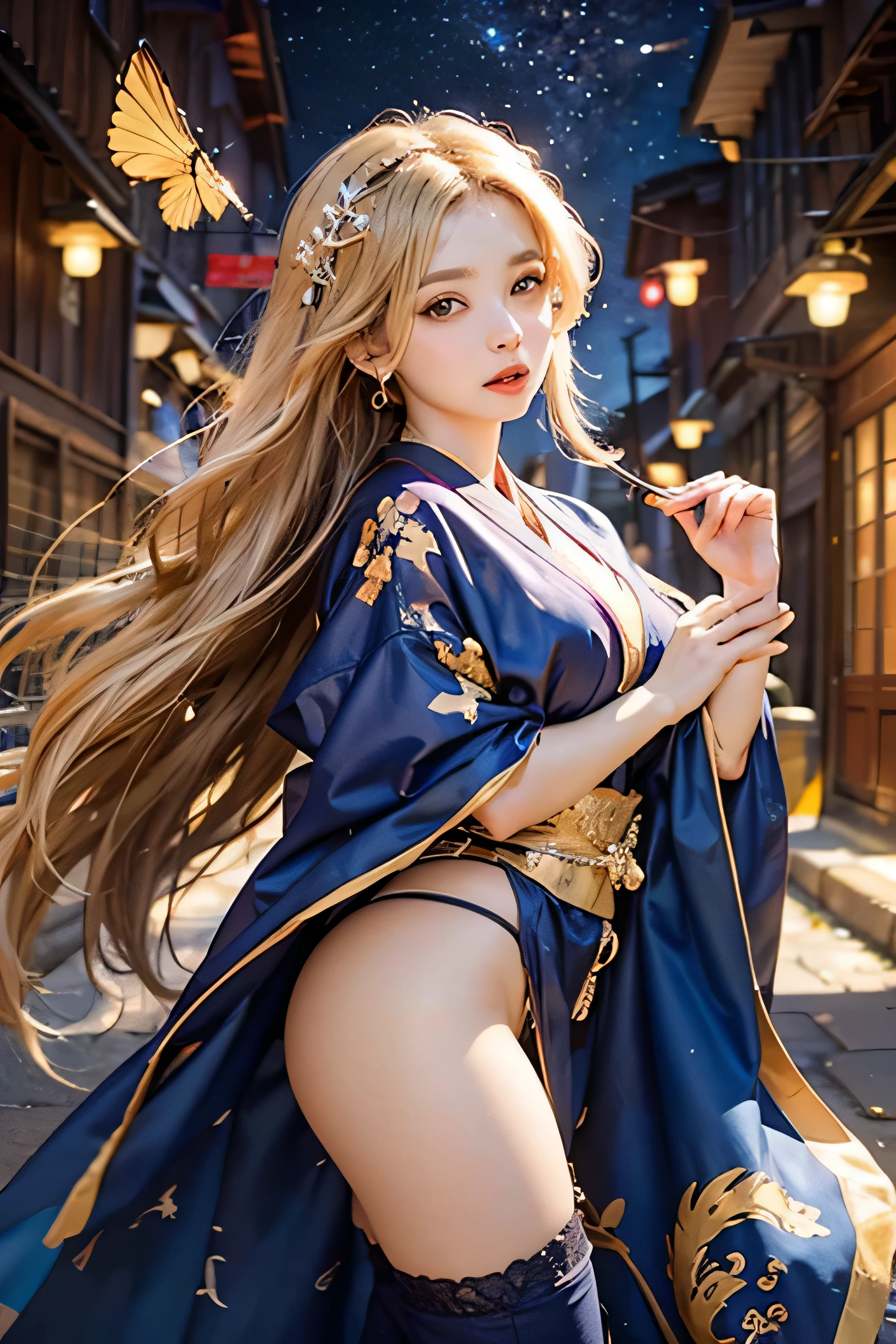 (Photorealsitic:1.3,visualart,depth of fields、top-quality,8K picture quality,​masterpiece:1.3,hight resolution,masutepiece:1.2),girl with(23years old, Gold Kimono, Golden underwear, golden bra, Golden panties, Gold Earrings, Golden choker),(Long hair:1.2,a blond:1.3), Blue Eye, Kimono comes off,thigh visible,I can see panties,normal hands:1.5,Normal finger:1:5,Normal legs:1.5,New Year,shrines,Back alley,Background with(Shining meteors,golden dragon flying),Elaborate design,The best lighting,Front Angle+