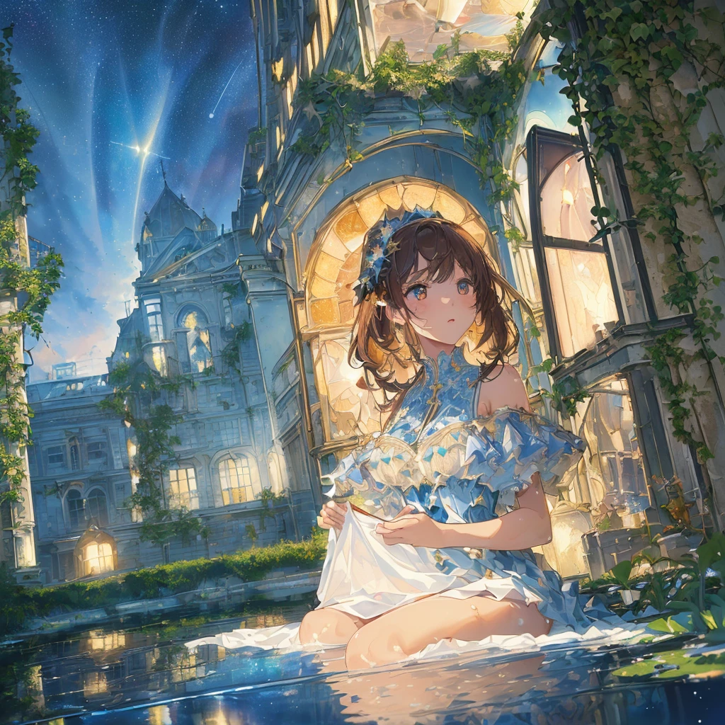 (((best, highest quality)) (((( masterpiece))), (((highest quality))), (((super detailed))), (very delicate and beautiful)), (striking girl with eyes)), cinematic light, (((water pooling in old building and reflecting starry sky))), Milky Way, (rusty sign)), ruins, hanging ivy, summer, moon dress