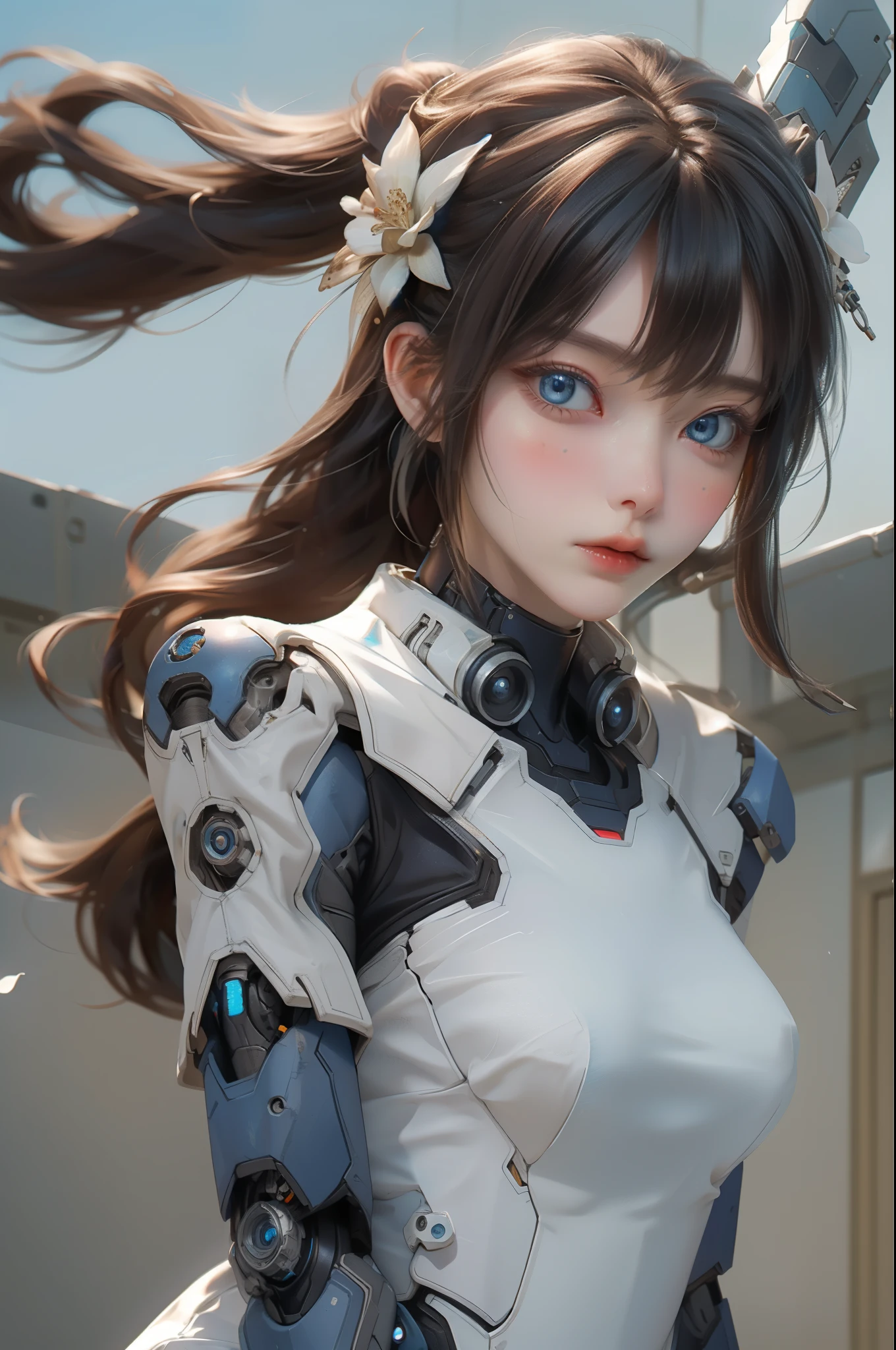 a head to toe photograph of a full body lady android with a mechanical body, blue eyes, flutter light brown hair with bang, wear flutter translucent thin and sheer white dress, adorn body with various metal flowers, turn around, look at camera, floating in the cyber future world, humanity cyber punk style, realistic, elegant, Wide shot, highly detailed,exquisite,32k, lens 65mm,full body shot, white gold color tone