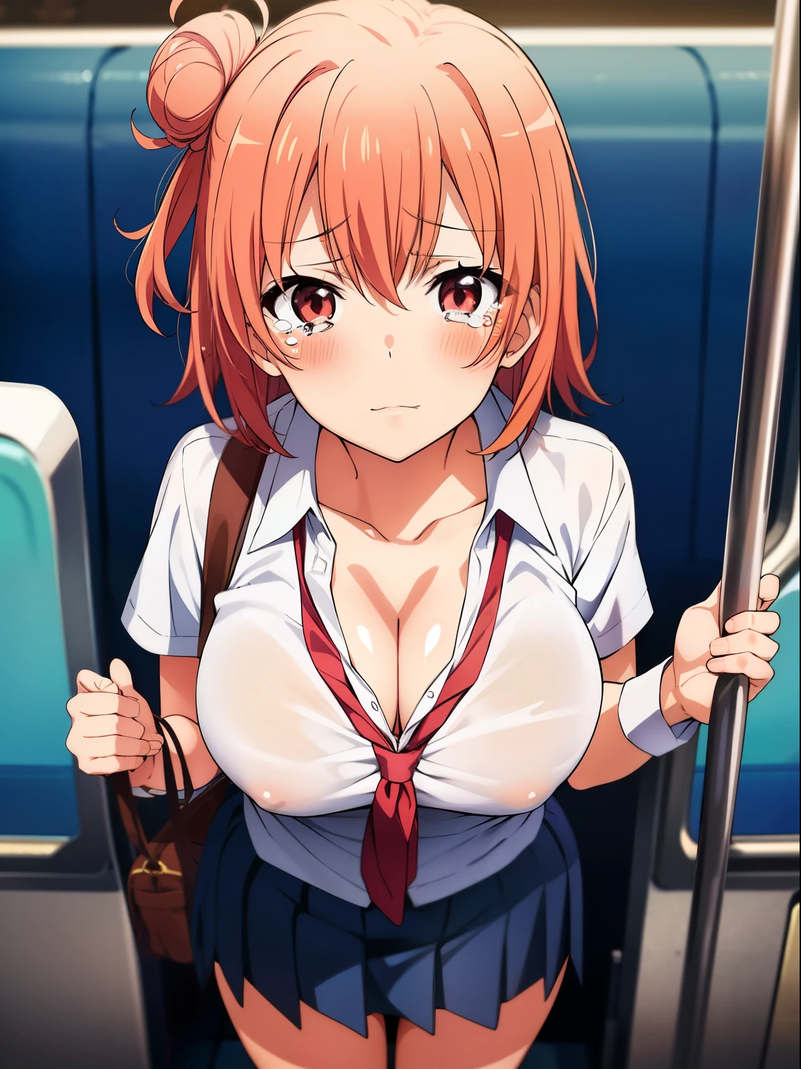 ((masutepiece, Best Quality, hight resolution, nffsw, Perfect Pixel, depth of fields, 4K, )), 1girl in, Solo, Lori, Beautiful anime girl, 
Looking at Viewer, 
Perfect body,  

Yuigahama Yui, Hair bun, Short hair, large boob, 

School Uniforms, 
cleavage, 
Tears, blush, 
on train,
POV, from above,