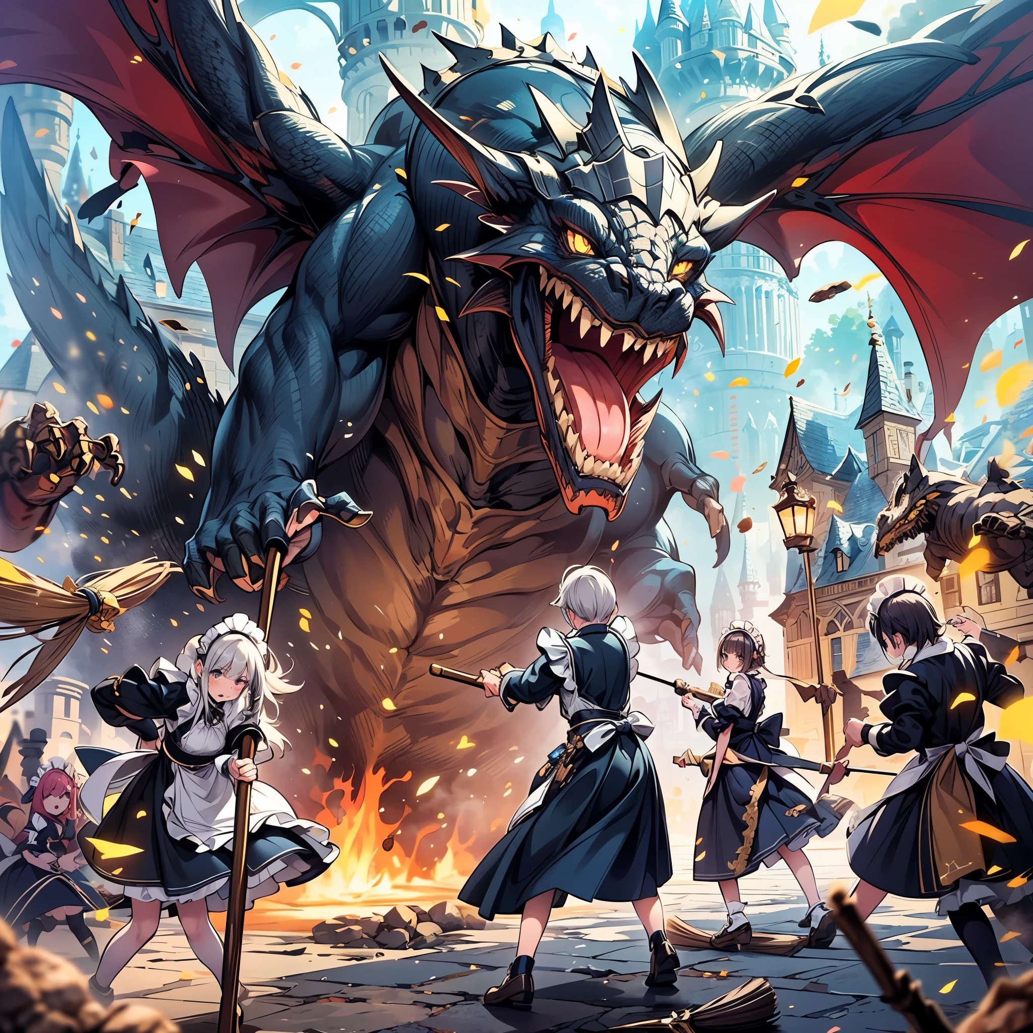 (masterpiece), best quality, ultra detailed, expressive eyes, perfect face,Fantasy art, (apron:1.2, Maid Headdress:1.2), a group of (knight in apron and Maid Headdress), holding a broom battle with a huge monster at the front of castle, fighting stance, vivid color