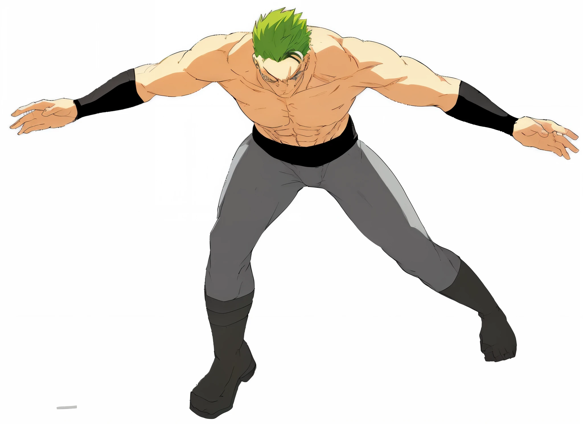 anime character with green hair and black pants and without shirt, muscular! green, fighting pose, beefcake pose, muscular character, fighter pose, muscular male hero, fighting game character, fight pose, muscular!!, character from king of fighters, heroic masculine pose, fullbody!! dynamic action pose, male anime character, kentaro miura manga style, most strongest pose