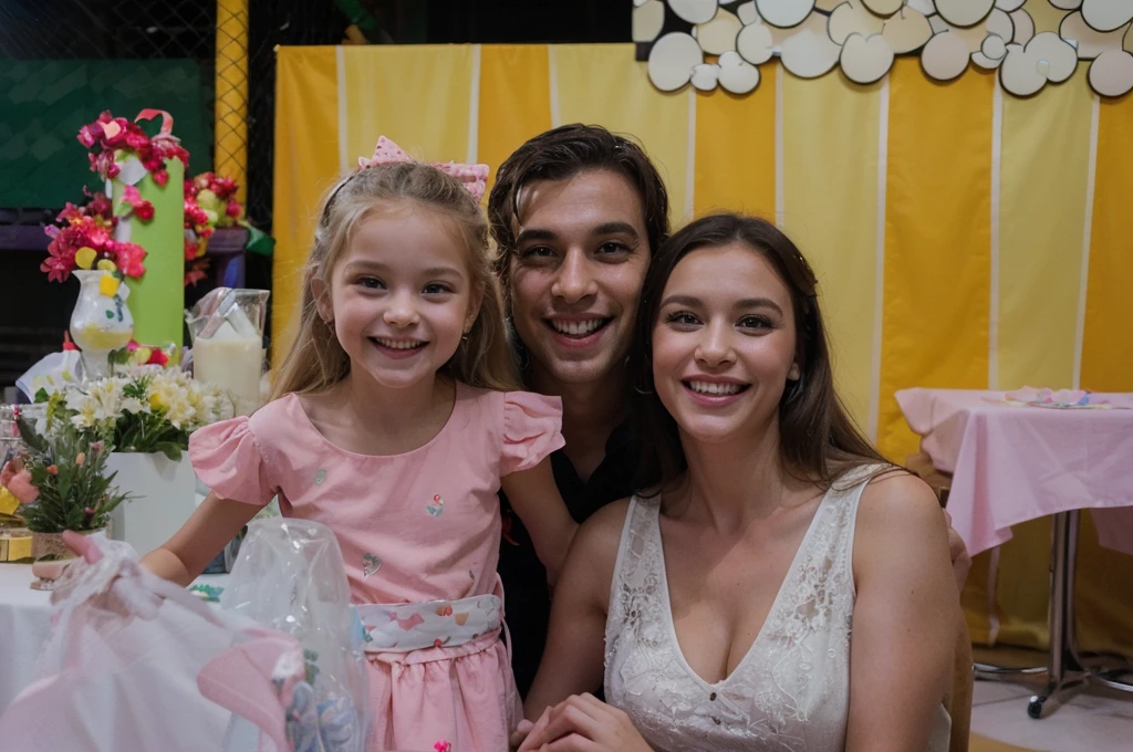 Visualize an enchanting scene at a birthday party, where a beaming family celebrates with joy. The father, with dark brown hair, displays a warm smile as he joins the party. Beside her, her mother, with dark blonde hair, also smiles affectionately, radiating happiness. In the center of the scene, the daughter, with bright blue eyes and light blonde hair, wears a charming pink dress, exuding adorable innocence. Everyone shares laughter and expressions of love, creating a memorable and joy-filled moment during the one's birthday celebration. The festive environment is decorated with colorful balloons and charming details, amplifying the festive and welcoming atmosphere of the occasion."
