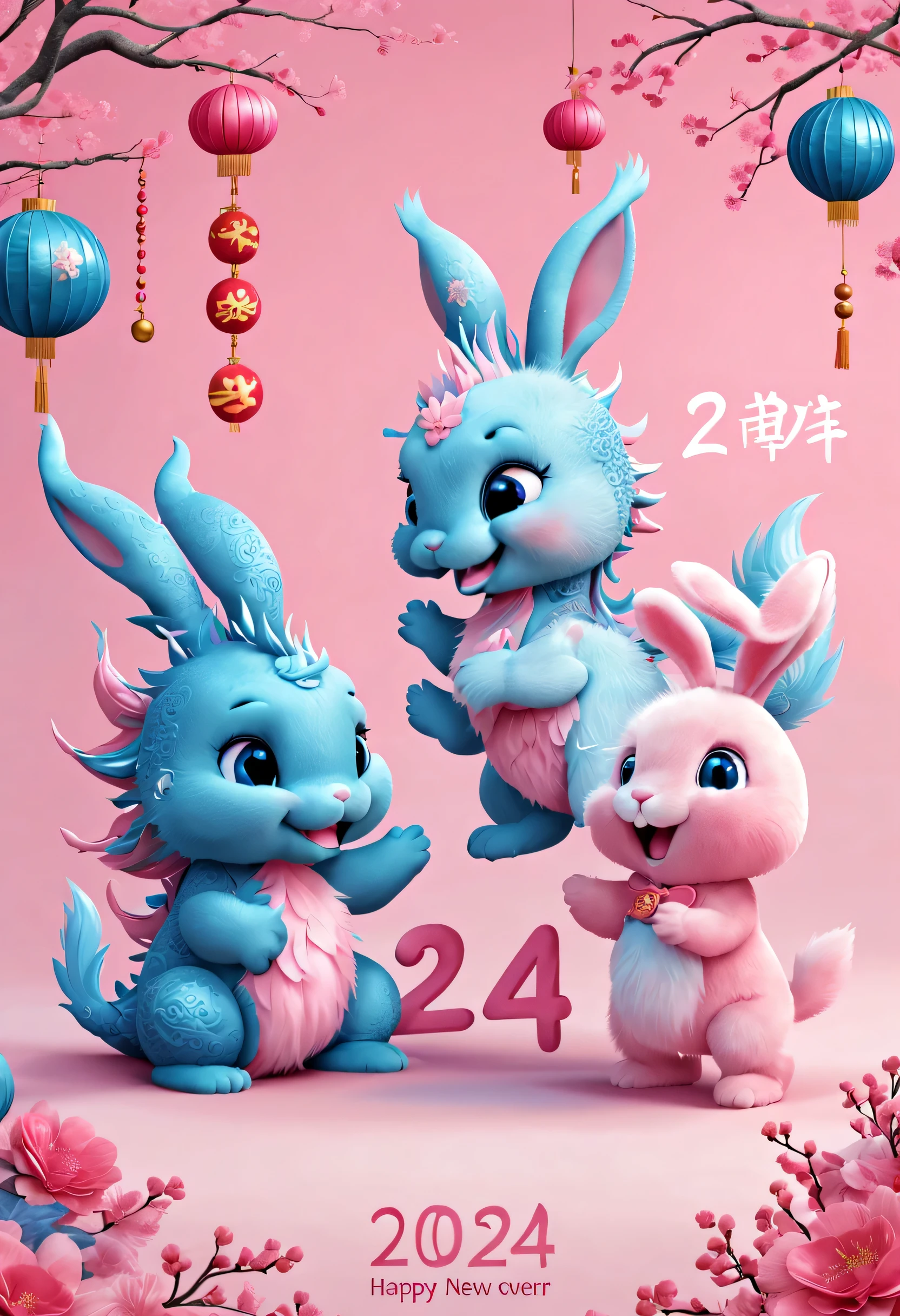 （2024 poster design），Pink and blue as main colors， (Cute playful blue Chinese dragon is saying goodbye to pink fluffy bunny）,2024，a happy new year，