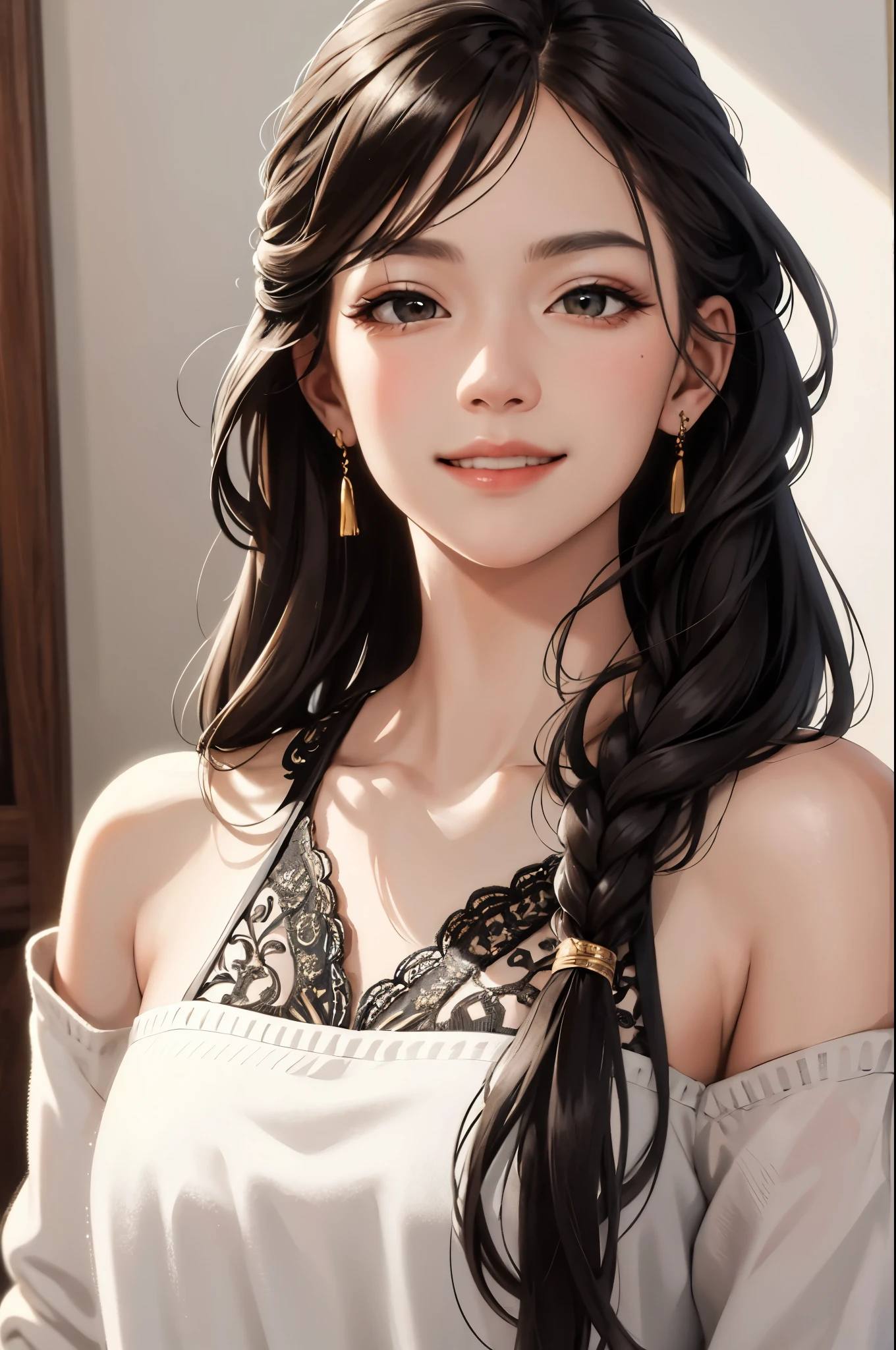 (masterpiece:1.2, best quality), (real picture, intricate details), 1lady, solo, upper body, casual, long hair, minimal makeup, natural fabrics, close-up face, smile, home
