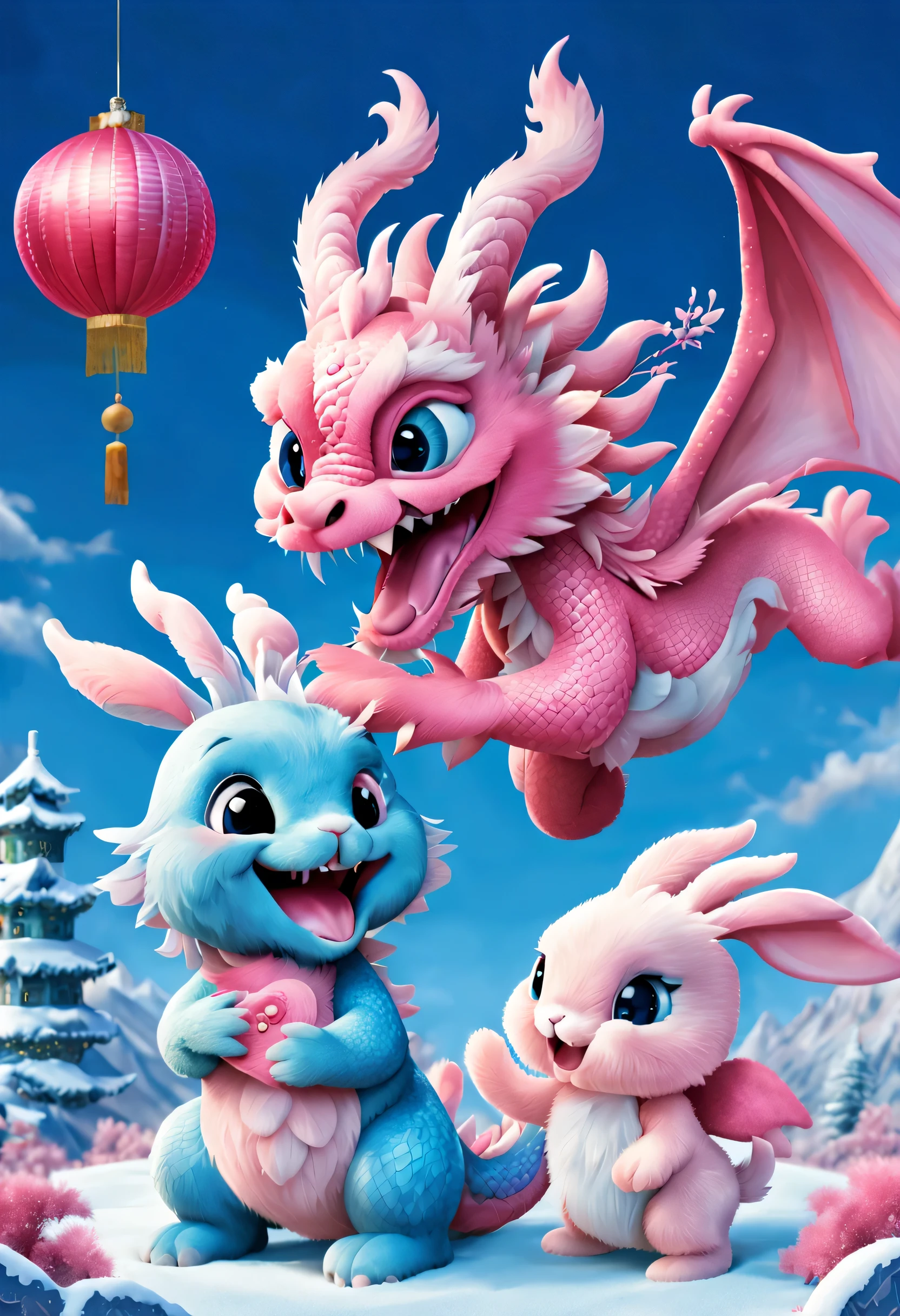 (2024 poster design),Pink and blue as main colors, (A cute and playful blue Chinese dragon is saying goodbye to a pink fluffy rabbit:1.37),2024,a happy new year,