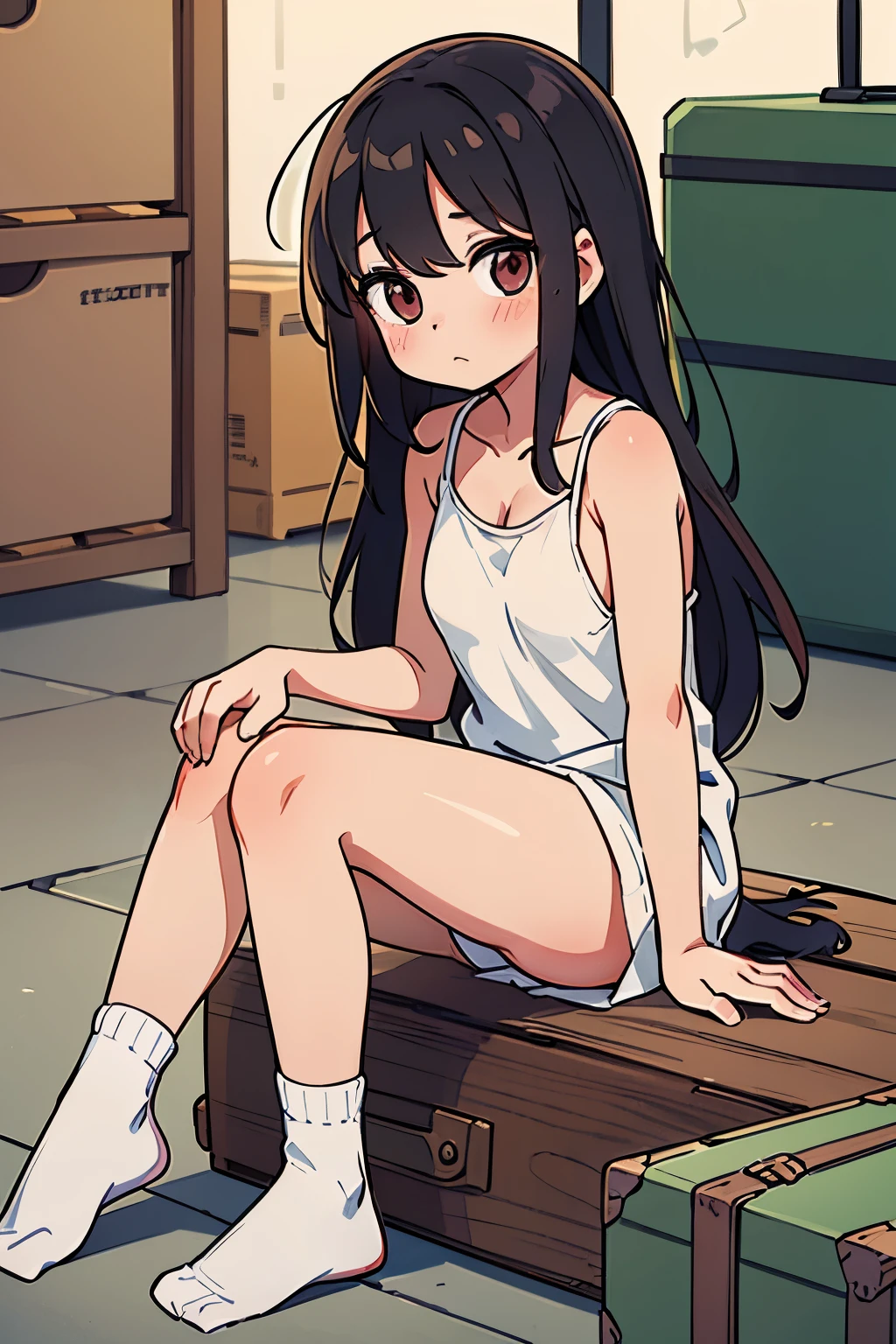 ((masterpiece)), (best quality), cute little girl, (Stacked trunk cases), place hands on knee, Dirty warehouse, 1girl, solo, looking at viewer, messy long hair, white socks, black hair, sitting on trunk case, blush, (slightly exposed breast)
