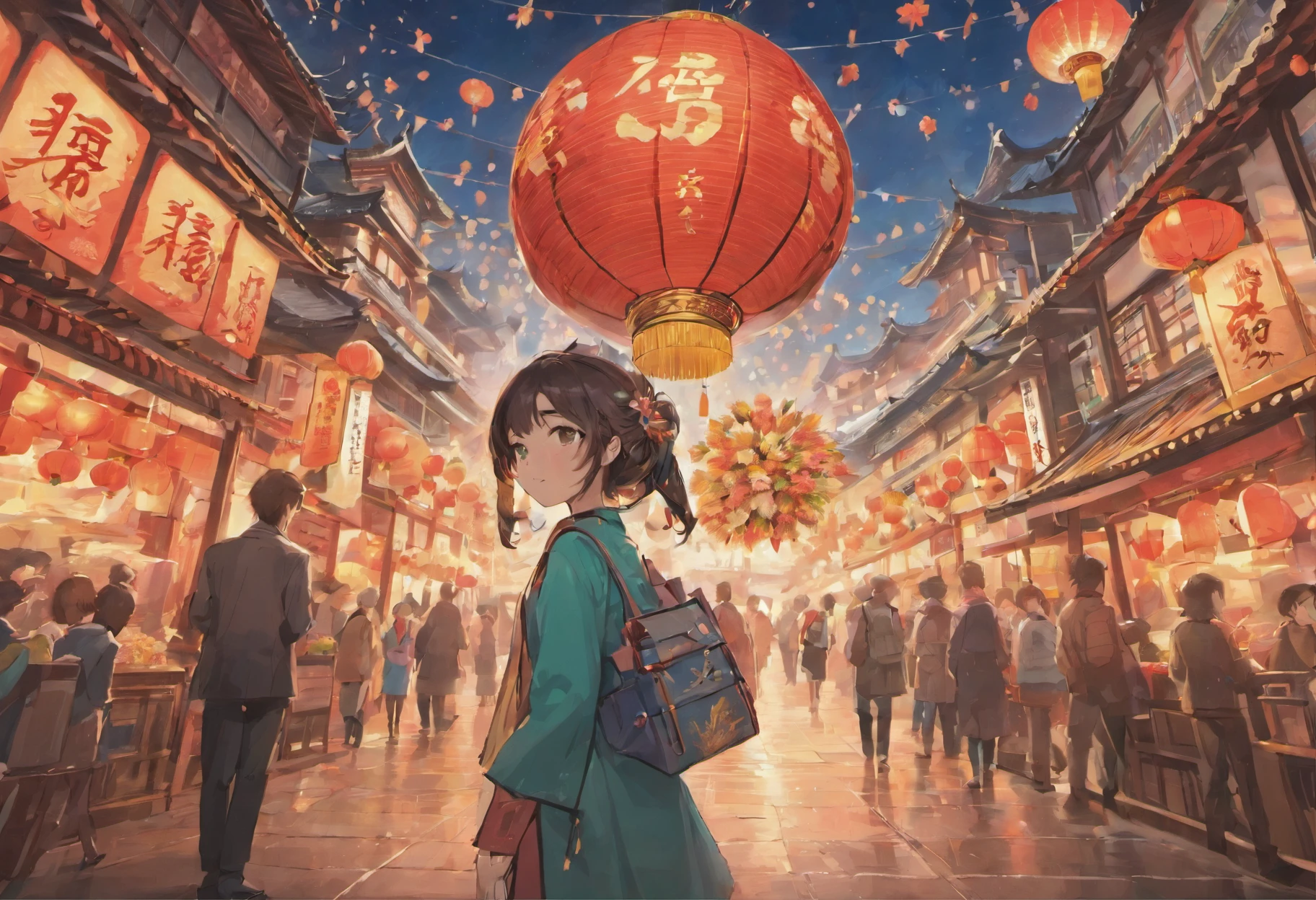 Chinese New Year's Eve,lanterns,Chinese,dragon dance team,(((Gorgeous fireworks))),3d effect,a huge and prosperous city,natta,Adults and children are bustling around the Flower Street,high high quality,(16K resolution),((ultra - detailed)),((An artwork of)),hyper realisitc,电影灯光,Dynamic lines,OC Render,Low angle viewing angle