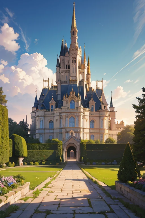 Big castle,trpical garden, palace background, Holy Grail Palace, Cheverny Castle, luxury castle, Madhouse Studio anime style, palace of versailles, style of madhouse anime, screenshot from the anime film, 8th century manor, Anime landscape concept art, off the beaten track, Intense and delicate grass, Towering stone walls, dark mysterious forest, flashing water, vessel decorative art, spectacular architectural details, carved window frames, Precious gemstone decoration, Soft and silky grass, Ancient traces and historical atmosphere, Clear sky and majestic clouds, Mysterious palace ball, Summer flower temple, bustling cityscape, Castle silhouette at sunset, Castle under the stars, Magnificent views, Blue dimming, Attention to pink milky white charm:The image quality tag is necessary and should be added at the beginning"(best quality,4k,8k,highres,masterpiece:1.2),ultra-detailed,(realistic,photorealistic,photo-realistic:1.37)"。
