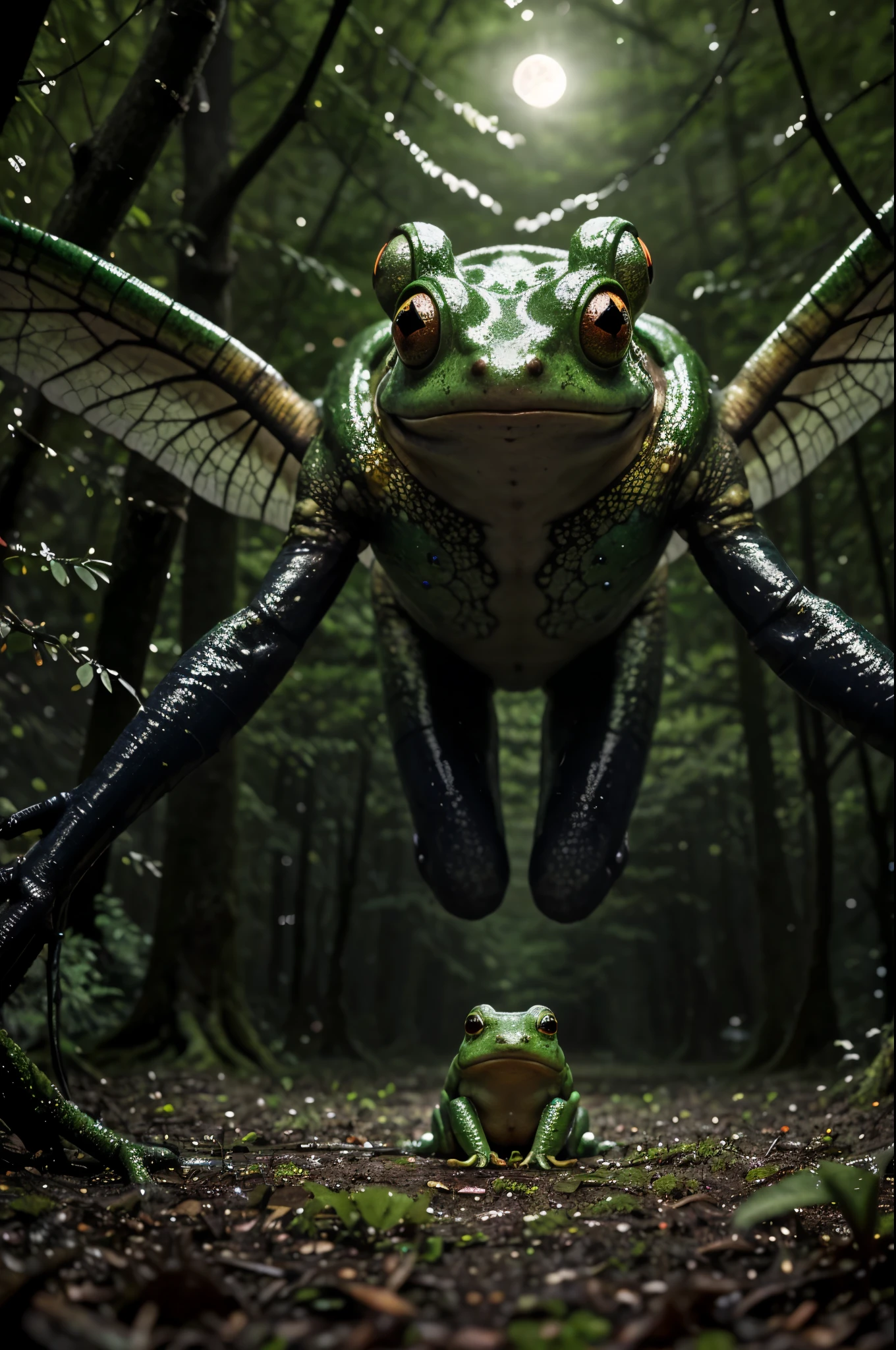 (a creepy,4k,highres)monster,frog-insect hybrid(cross,breed:1.1),scuttling quickly,through the forest,dark and eerie atmosphere,thick canopy,gnarled trees,abundant moss and overgrown vegetation,spooky glow from the moonlight,vibrant green moss covering the monster's slimy skin,detailed tendrils extending from its body,sharp insect-like mandibles,complex compound eyes,stunningly detailed iridescent wings,bulbous eyes(frog:detailed:1.1),dripping with venomous slime(colored:red,green:0.9),sinister hissing sound,ominous croaking sounds(pitched:lower:0.9),shadows dancing,moonlight filtering through the trees,creating ethereal patterns on the forest floor