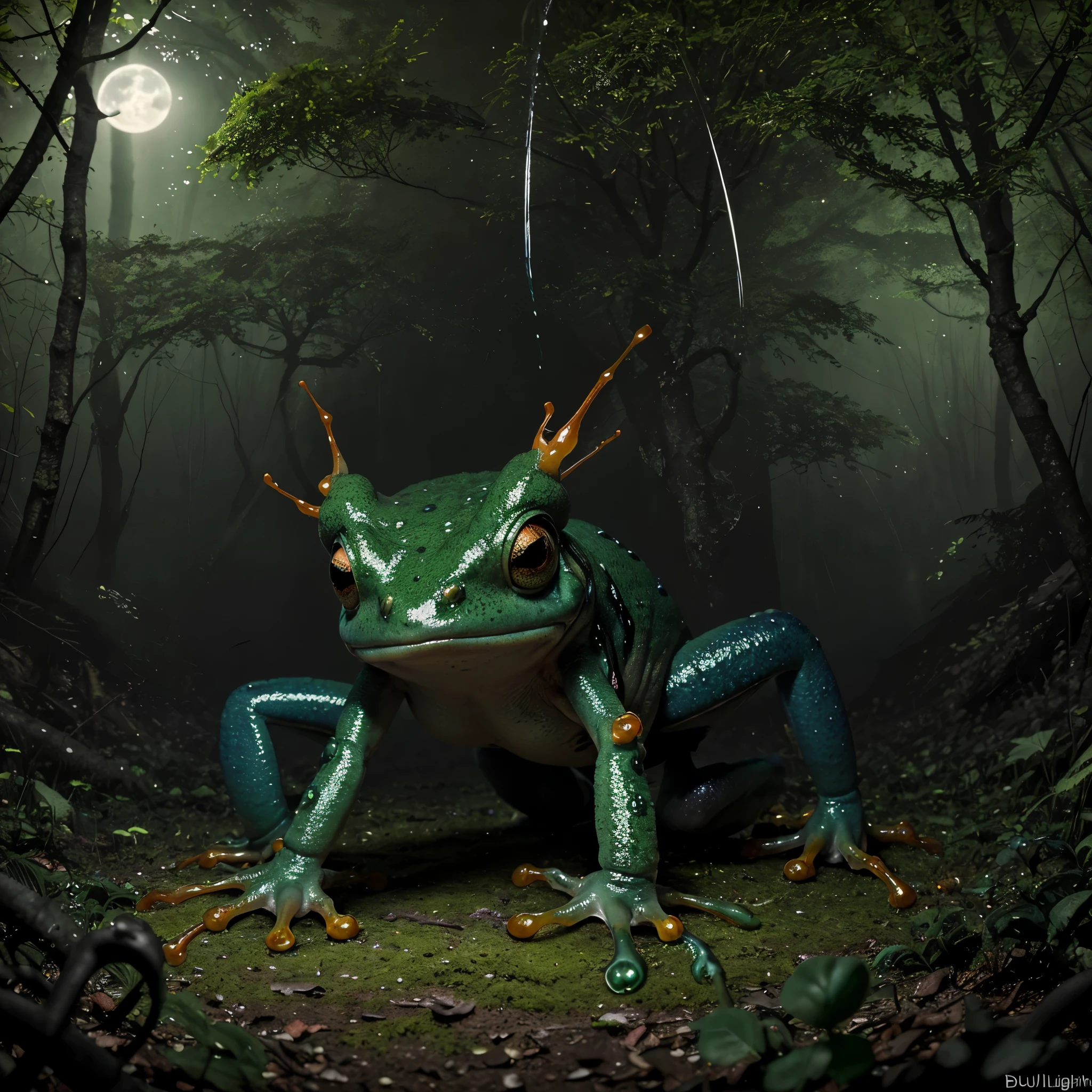 (a creepy,4k,highres)monster,frog-insect hybrid(cross,breed:1.1),scuttling quickly,through the forest,dark and eerie atmosphere,thick canopy,gnarled trees,abundant moss and overgrown vegetation,spooky glow from the moonlight,vibrant green moss covering the monster's slimy skin,detailed tendrils extending from its body,sharp insect-like mandibles,complex compound eyes,stunningly detailed iridescent wings,bulbous eyes(frog:detailed:1.1),dripping with venomous slime(colored:red,green:0.9),sinister hissing sound,ominous croaking sounds(pitched:lower:0.9),shadows dancing,moonlight filtering through the trees,creating ethereal patterns on the forest floor