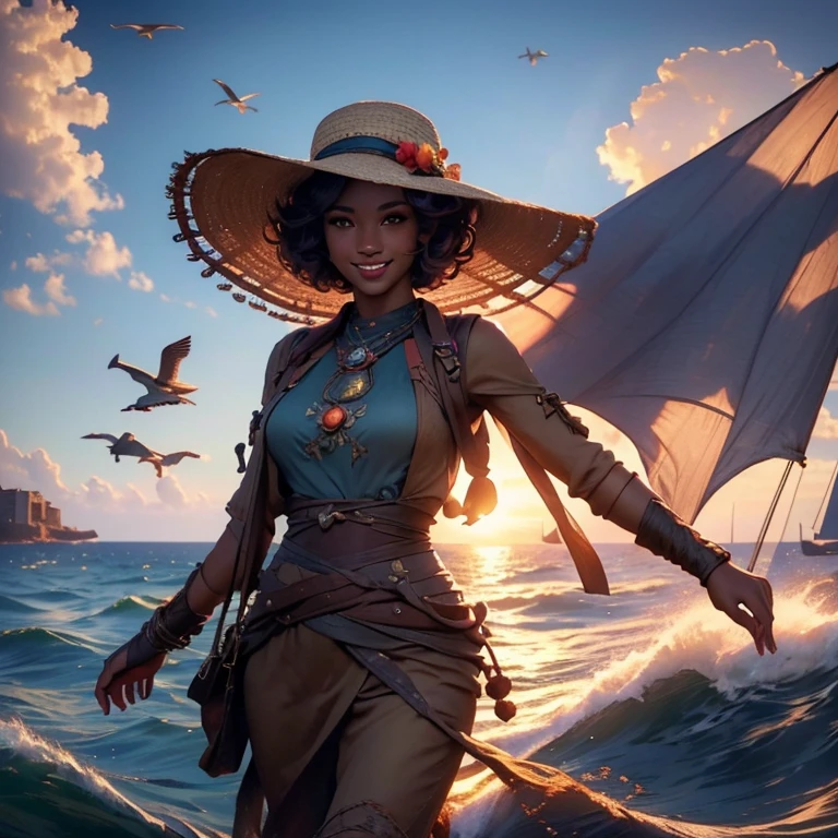 (best quality,4k,high res,masterpiece:1.2),ultra-detailed,(realistic,photo-realistic:1.37),Robot,humanoid,summer clothes,sun hat,Port,sea,seagulls flying,big smile,short straight hair,lively colors,soft lighting, tiefling.