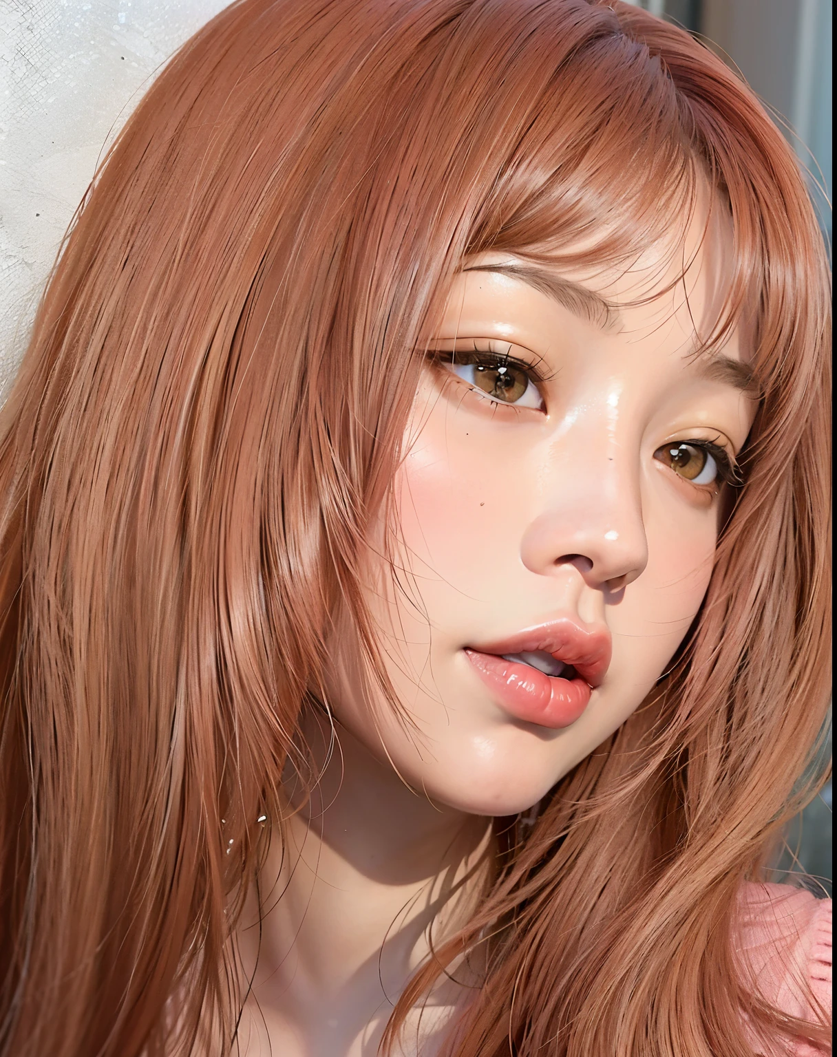 A close-up of a woman with long red hair and a pink sweater, El Corte Hime, coral brown hair, Lalisa Manobal, Lalisa Manoban de Blackpink, Peach and Gum style, pale red, con flequillo completo, Chiho, flequillo esponjoso, Peinado blanco de corte hime, con flequillo, Flequillo partido en el centro, Jossi de Blackpink