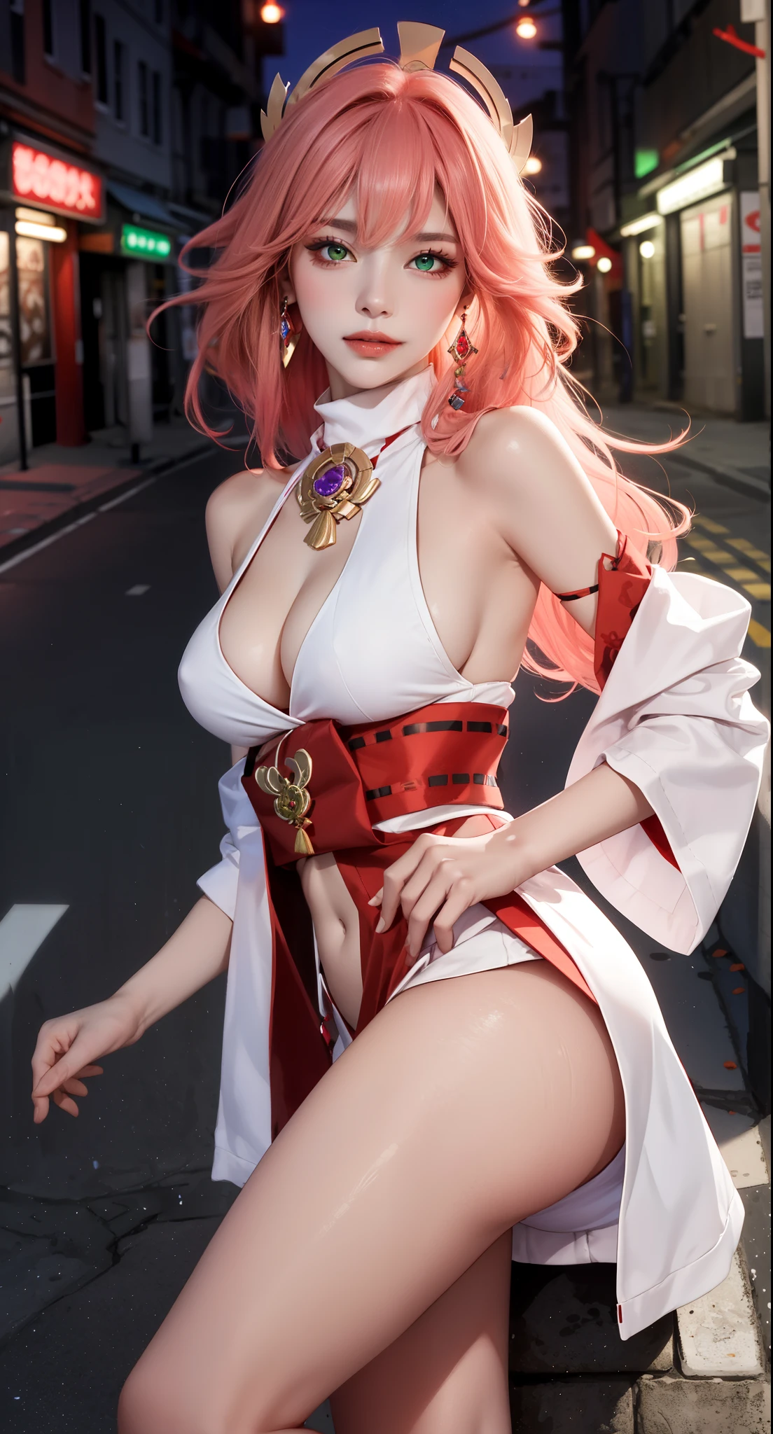 Masterpiece, Excellent, 1girl, solo, complex details, color difference), realism, ((medium breath)), off-the-shoulders, big breasts, sexy, Yae Miko, long pink hair, red headdress, red highlight, hair above one eye, purple eyes, earrings, sharp eyes, perfectly symmetrical figure, choker, neon shirt, open jacket, turtleneck sweater, against the wall, brick wall, graffiti, dim lighting, alley, looking at the audience, ((mean, seductive, charming)), ((cherry blossom background))),((Japanese temple background)))), (((luminous background))), (dynamic pose), tulle, bare shoulders, blooming flower fields, radiant skin, faint smile, sexy, bust, slutty, erotic, suggestive, cocked ass, tummy look, ((nsfw))