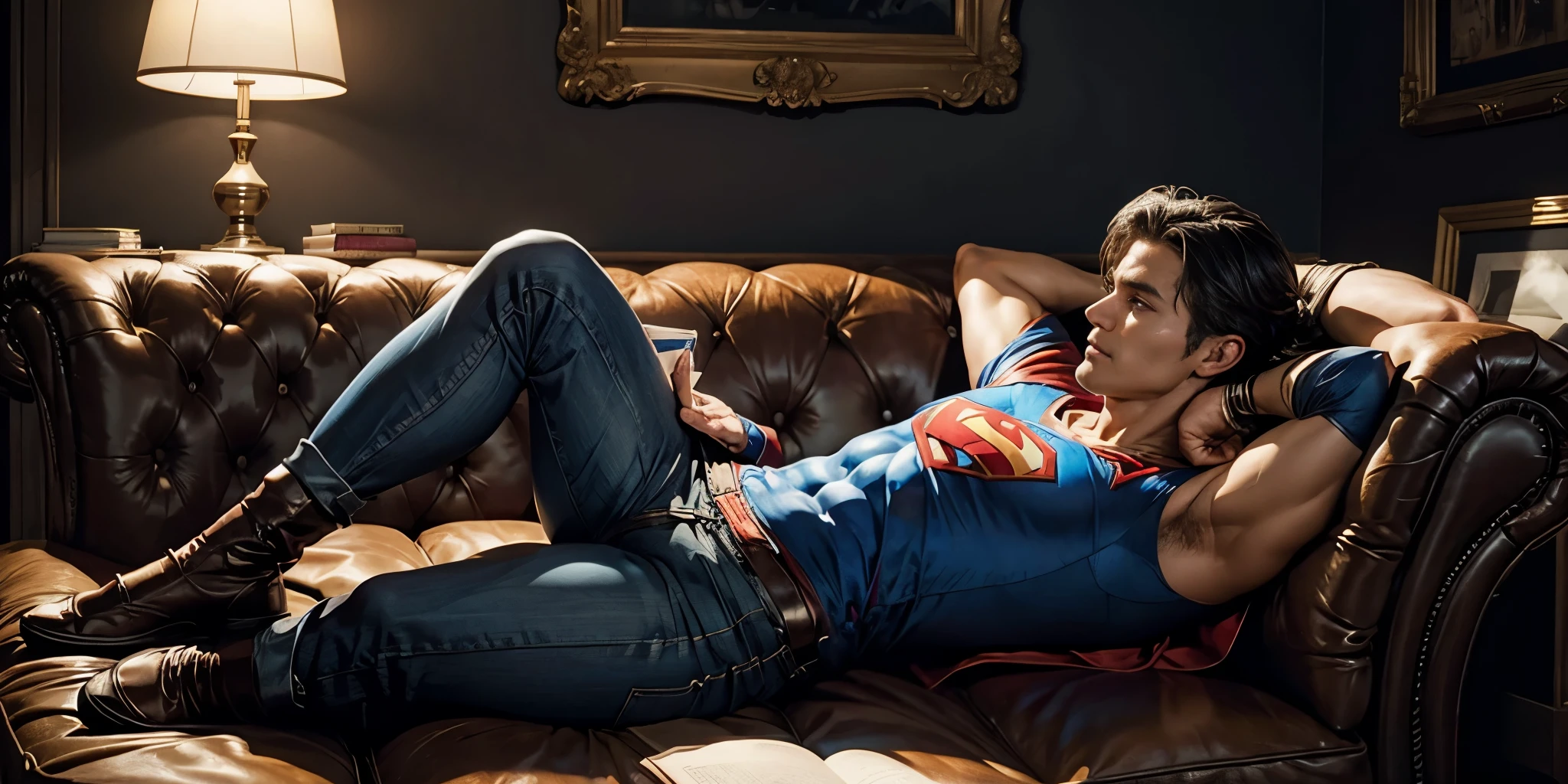 Manly Superman, lying on the couch, reading a big book, staring at the screen