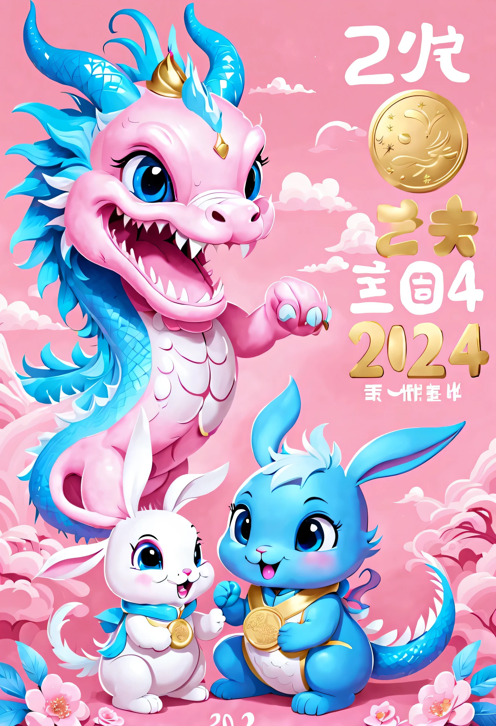 （2024 poster design），Pink and blue as main colors， (Cute and playful blue Chinese dragon is saying goodbye to fluffy bunny：1.23）,2024 Gold Medal，a happy new year，