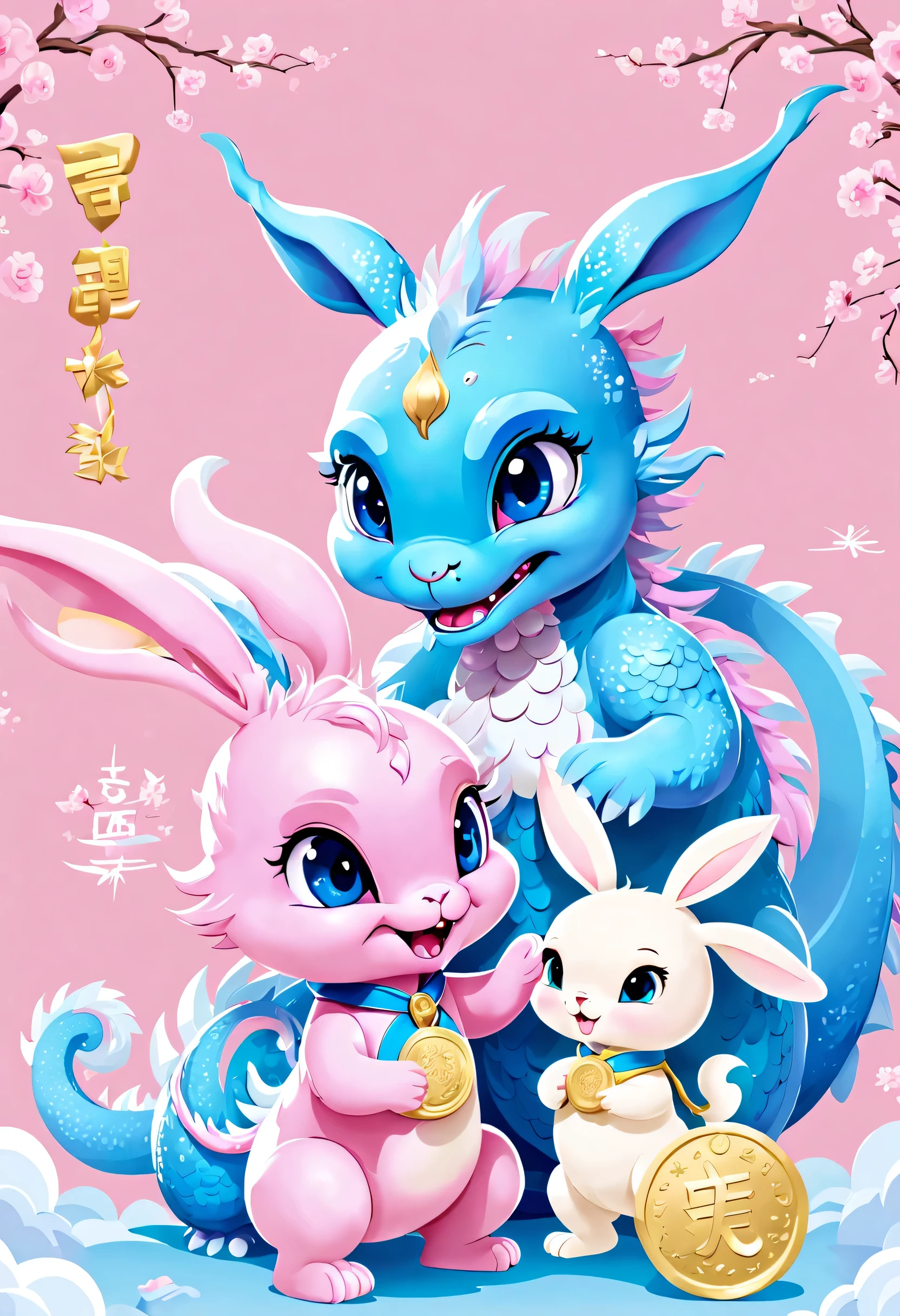 （2024 poster design），Pink and blue as main colors， (Cute and playful blue Chinese dragon is saying goodbye to fluffy bunny：1.23）,2024 Gold Medal，a happy new year，