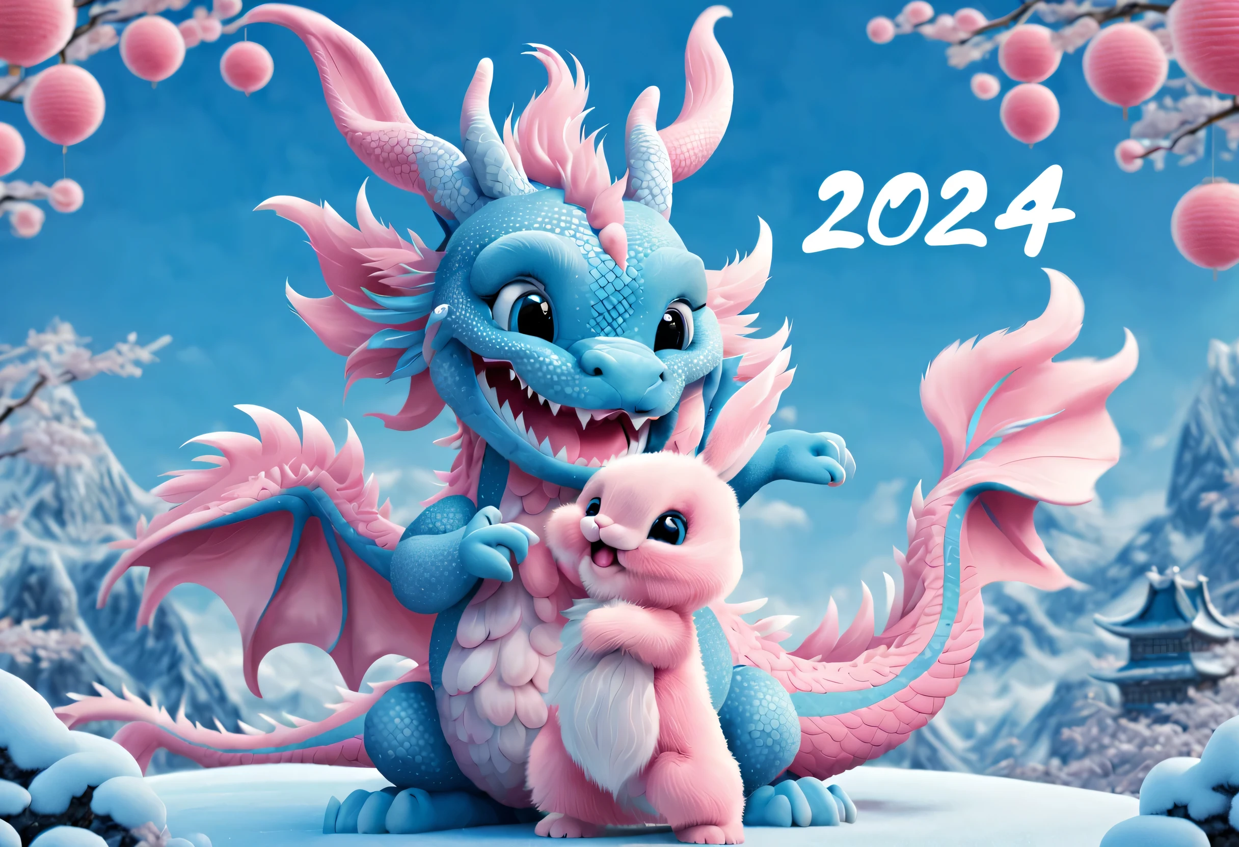 (2024 poster design),Pink and blue as main colors, (A cute and playful blue Chinese dragon is saying goodbye to a pink fluffy rabbit:1.37),2024,a happy new year,