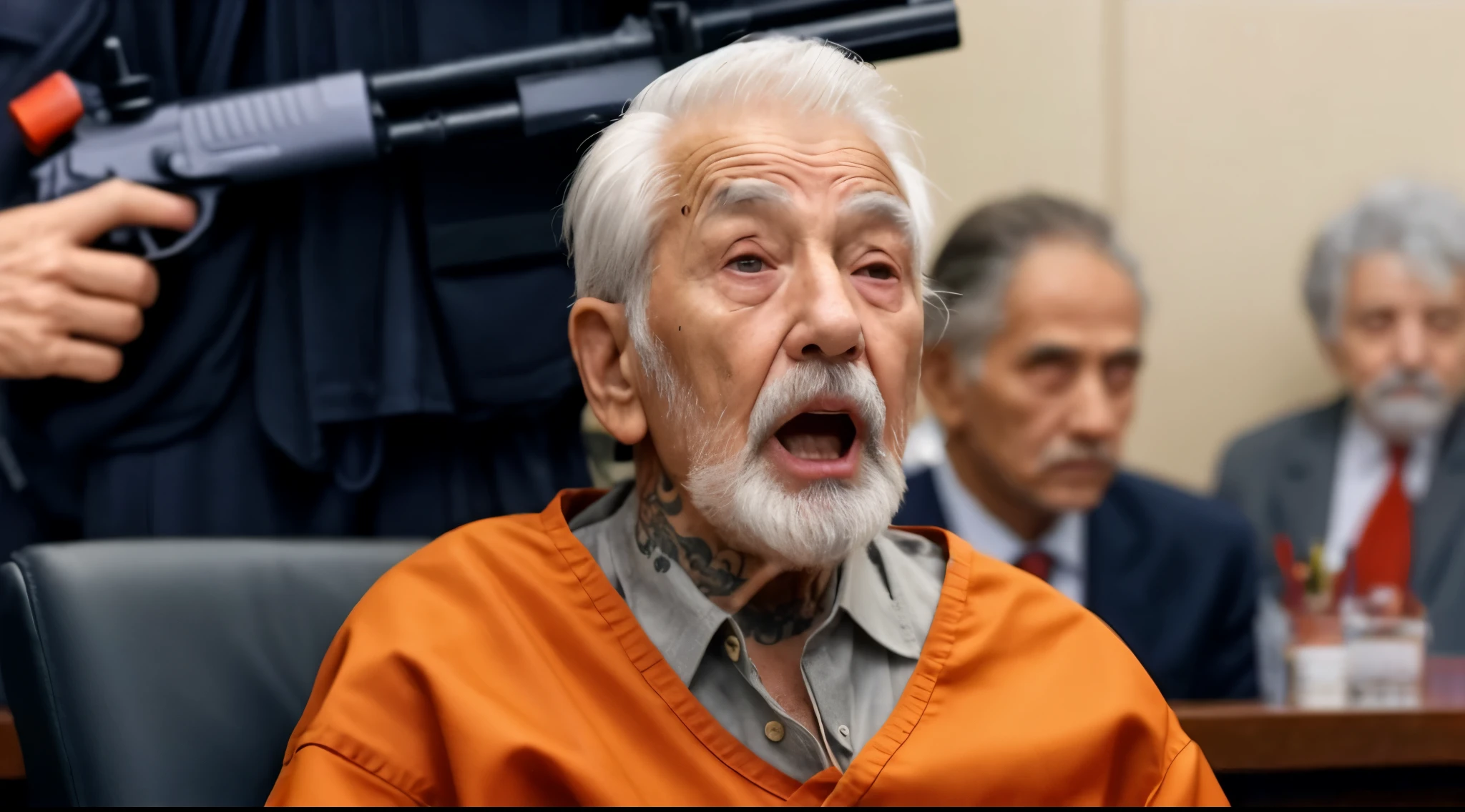 a close up of a person with a tattooed face and a face mask, old man, older man age 90, elderly woman, an old man, the look of an elderly person, frail, ugly man, very shock and very old, an old man with red skin, elderly, 90 years old, 90 years old, perfect shading, sitting at the courtroom, background courtroom with witness at the back, old man wearing orange prison jumpsuit, old man is a criminal in the court, many witness at the back, old man open its mouth wit intense expression, very scared, at the back of the old man is a police holding a shot gun