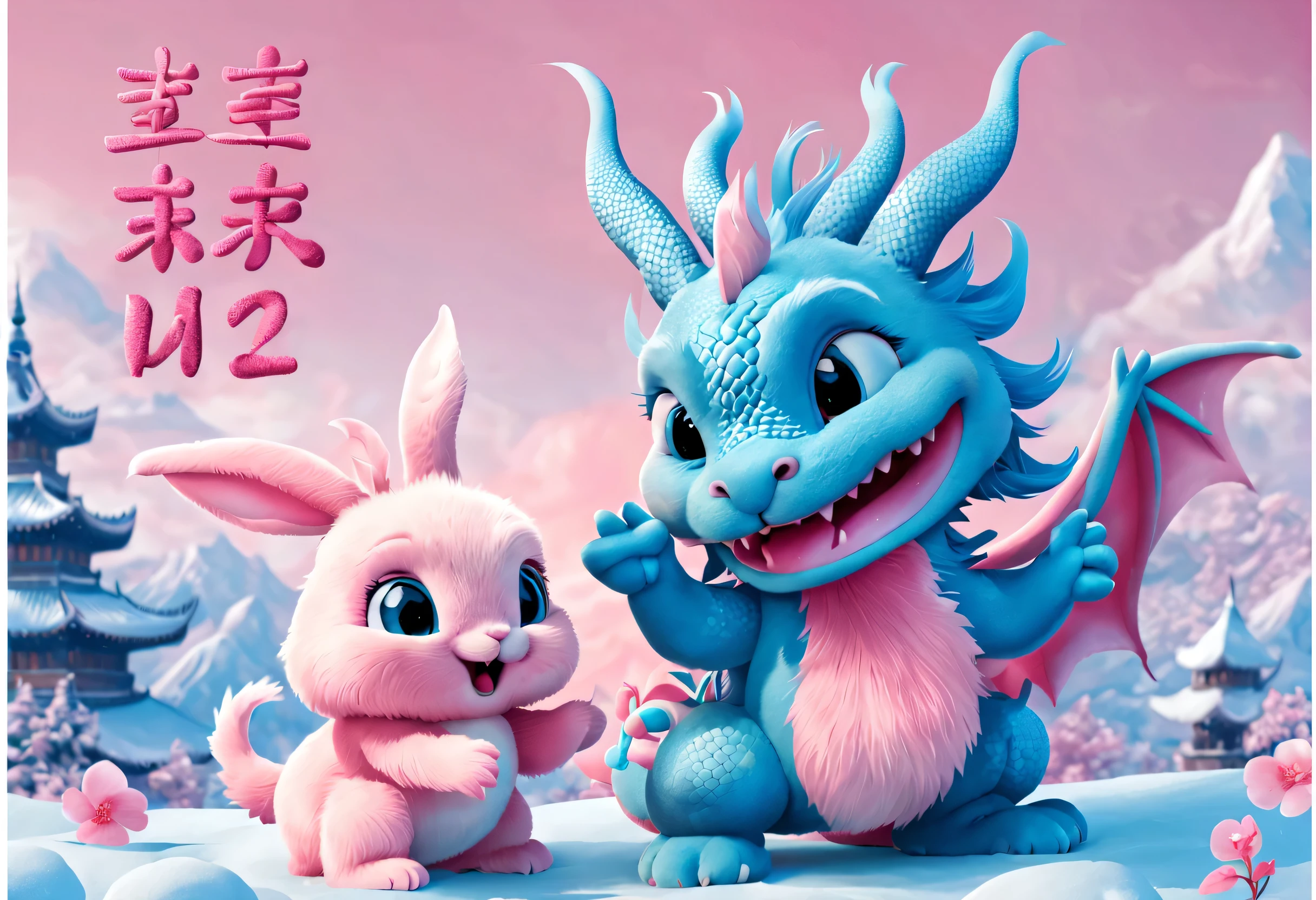 （2024 poster design），Pink and blue as main colors， (A cute and playful blue Chinese dragon is saying goodbye to a pink fluffy rabbit：1.37）,2024，a happy new year，