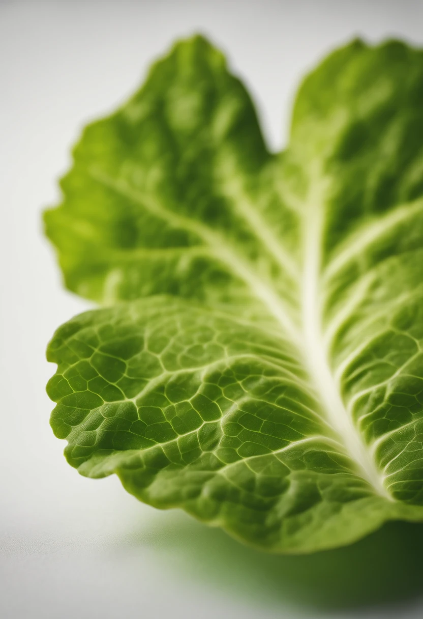 a minimalistic shot of a single lettuce leaf against a clean, white background, allowing the vibrant green color to be the focal point