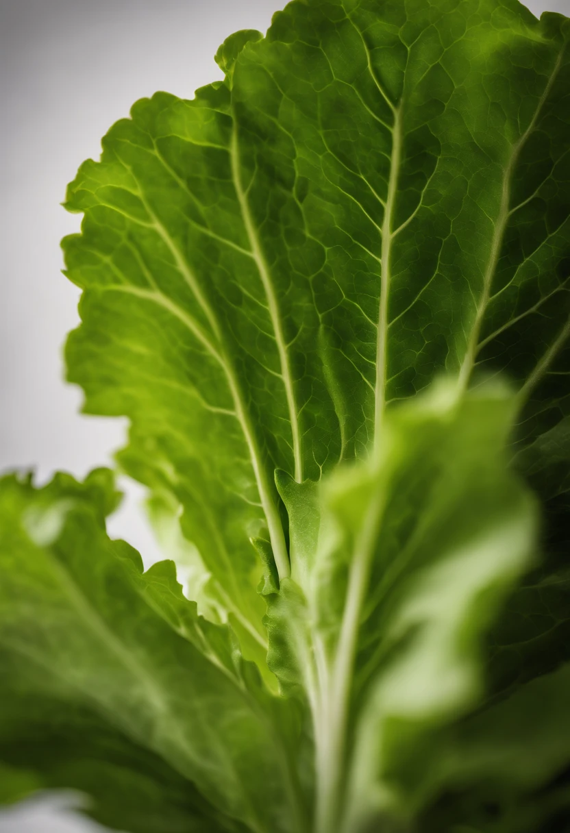 a minimalistic shot of a single lettuce leaf against a clean, white background, allowing the vibrant green color to be the focal point