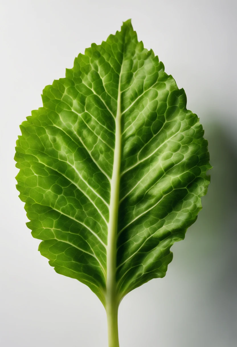 a minimalistic shot of a single lettuce leaf against a clean, white background, allowing the vibrant green color to be the focal point