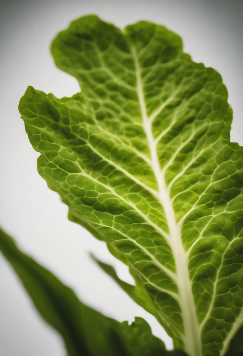 a minimalistic shot of a single lettuce leaf against a clean, white background, allowing the vibrant green color to be the focal point