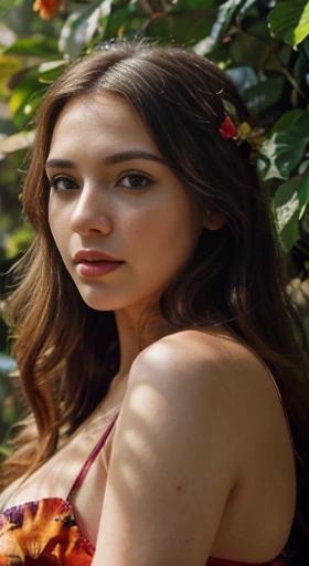 (best quality,ultra-detailed,photorealistic),young woman,beautiful eyes,detailed lips,pensive expression, soft lighting,vibrant colors, long flowing hair, stylish christmas outfit, jungle background,colorful flowers,natural sunlight,serene atmosphere, hourglass figure, 4k details, crying face, full body pose