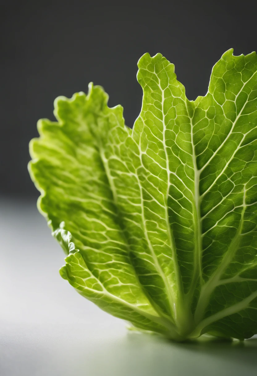 a minimalistic shot of a single lettuce leaf against a clean, white background, allowing the vibrant green color to be the focal point