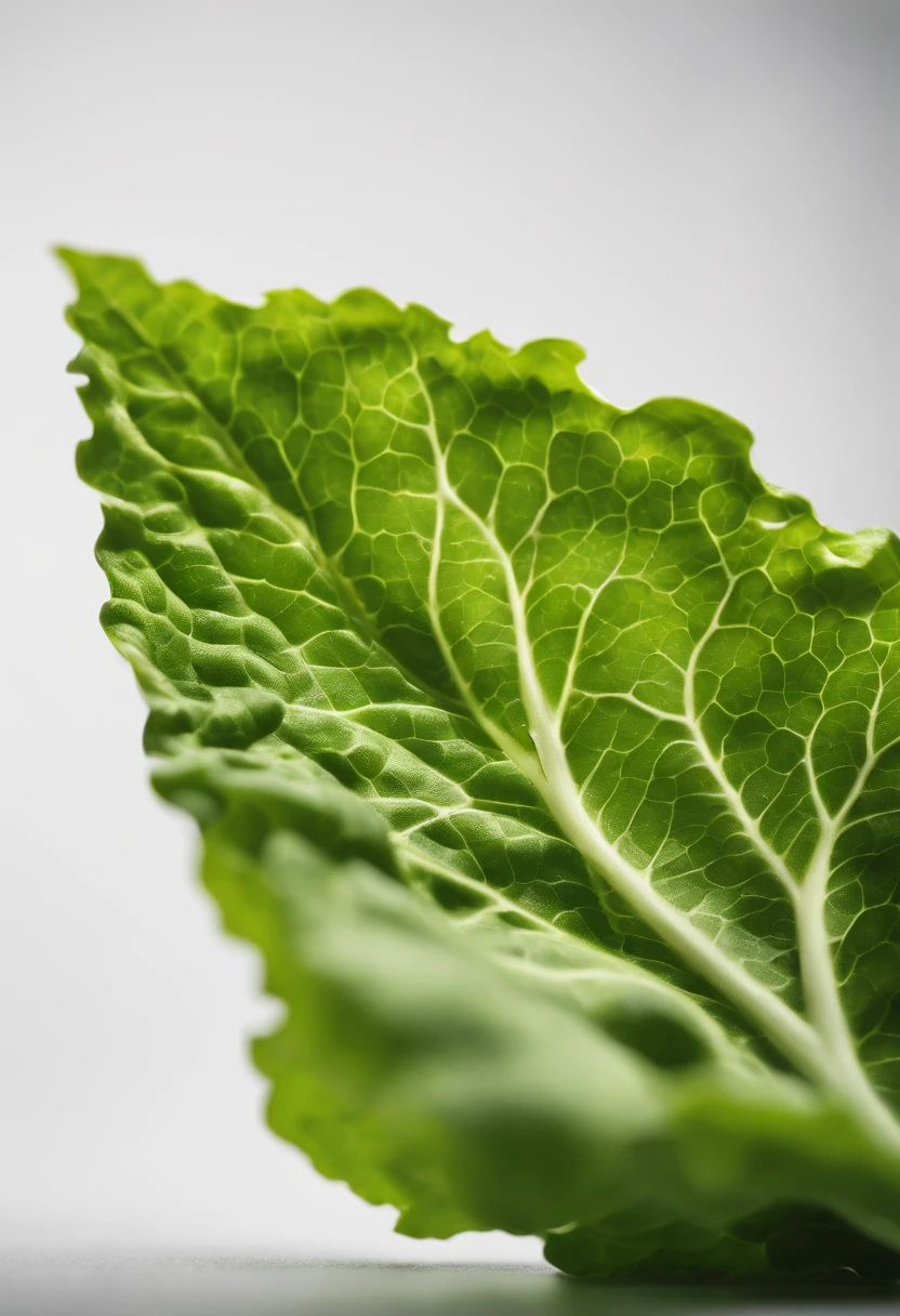 a minimalistic shot of a single lettuce leaf against a clean, white background, allowing the vibrant green color to be the focal point
