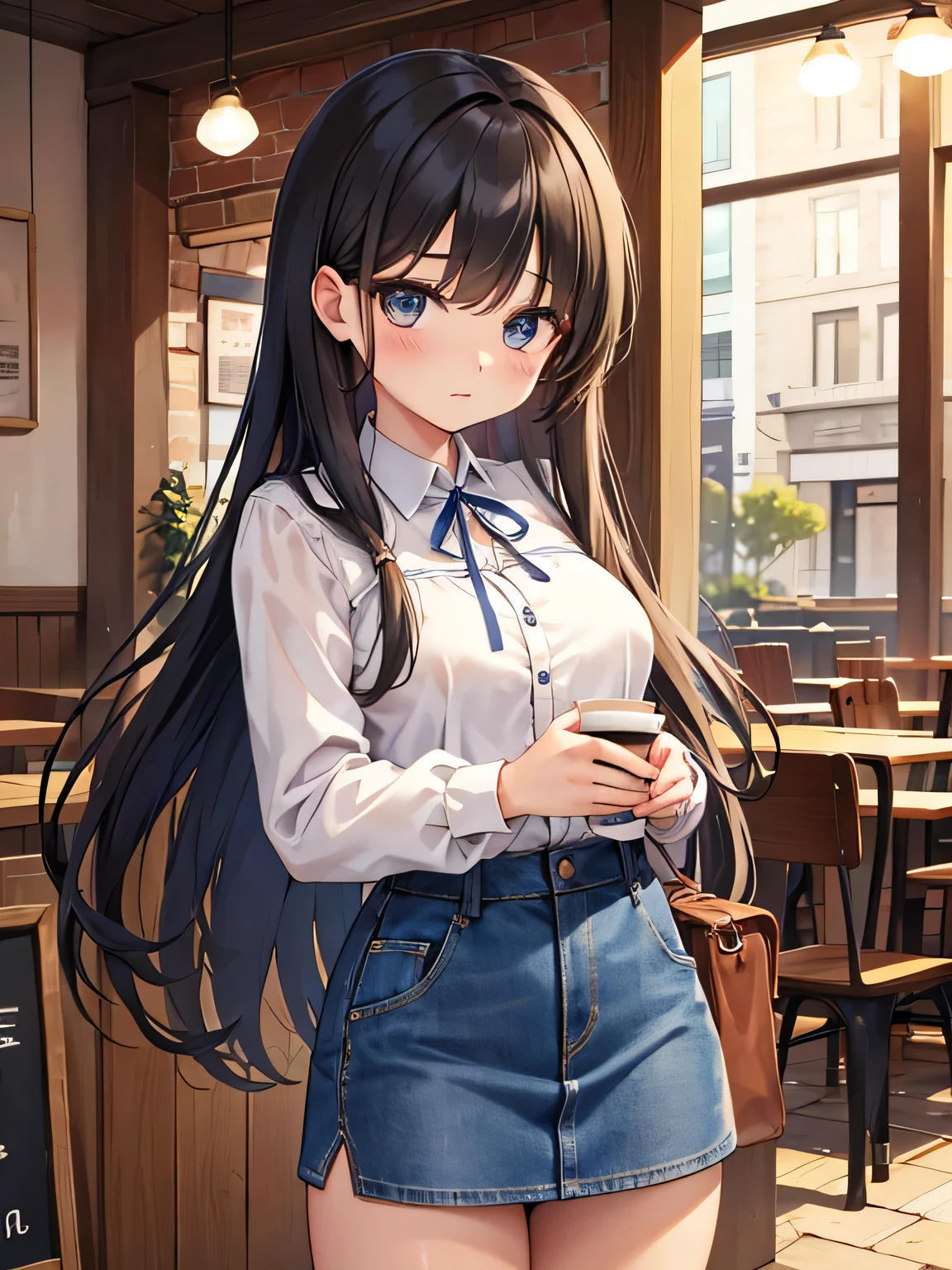 The woman is wearing a western shirt and a denim miniskirt.、wear western boots。Hairstyle is long。The place is a café。