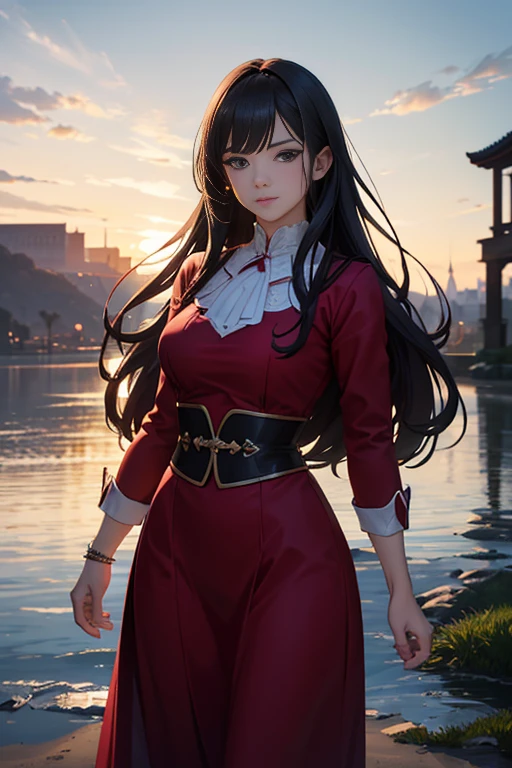 A woman wearing a red dress walking in front of a castle in an animated scene, anime movie screenshot, (castle in the background), anime movie screenshot, animated scene, beautiful anime scenes, makeup Gimoly, today's recommended anime still, ancient magician, 2012 anime screenshot, still from anime, a poignant illustration! (best quality, 4k, 8k, highres, masterpiece:1.2), ultra-detailed, (realistic, photorealistic, photo-realistic:1.37), HDR, UHD, studio lighting, ultra-fine painting, sharp focus, physically-based rendering, extreme detail description, professional, vivid colors, bokeh, portraits, anime, concept artists, vibrant color, enchanting lighting.