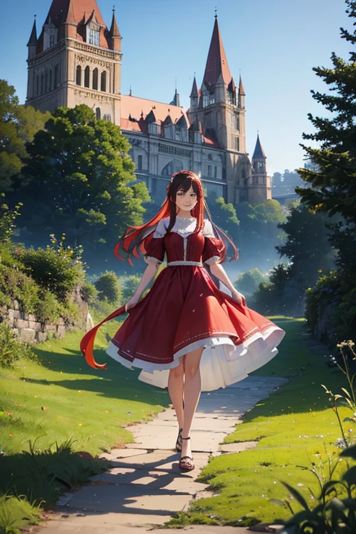 A woman wearing a red dress walking in front of a castle in an animated scene, anime movie screenshot, (castle in the background), anime movie screenshot, animated scene, beautiful anime scenes, makeup Gimoly, today's recommended anime still, ancient magician, 2012 anime screenshot, still from anime, a poignant illustration! (best quality, 4k, 8k, highres, masterpiece:1.2), ultra-detailed, (realistic, photorealistic, photo-realistic:1.37), HDR, UHD, studio lighting, ultra-fine painting, sharp focus, physically-based rendering, extreme detail description, professional, vivid colors, bokeh, portraits, anime, concept artists, vibrant color, enchanting lighting.
