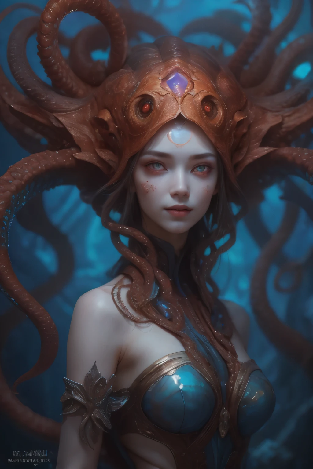Portrait, (beautiful female alien:1.2), (she has red eyes with no pupils:1.8), (Translucent skin:1.7), (There is a female genital-like organ in the middle of the forehead.:1.9), (The most beautiful face in the history of the universe:1.2),an evil gaze that seduces, (large mouth:1.1), (sharp teeth like a vampire:1.2), Full body like, (bio luminescent:1.5), (Smile wickedly:1.3), (sexypose:1.5), alien, No humans, cells are fused, (Lots of translucent tentacles:1.3) extraterrestrial, cell, bio image, Best Quality, 8K,4K_quality, High Definition, Dramatic Lighting, masutepiece:1.5,cinematic quality, detail up, (Intricate details:1.2), High resolution, High Definition, drawing faithfully, (Thick eyebrows:1.2), Beautiful eyes with fine symmetry,(Highly detailed face and eyes:1.2), Intimate face, (Super detailed skin quality feeling:1.4), Perfect Anatomy, (Beautiful toned body:1.5), (Moist skin:1.2), No makeup, (dark circles:1.1), long canines, cinematic drawing of characters, ultra high quality model, cinematic quality, detail up, (Intricate details:1.2), High resolution, High Definition, drawing faithfully, Official art, Unity 8K wall , 8K Portrait, Best Quality, Very High resolution, ultra detailed artistic photography, midnight aura, unreal enginee 5, Ultra Sharp Focus, art by alberto seveso, ArtGerm, Roisch, intricate artwork, best quality, masutepiece, ultra High resolution, (photos realistic:1.4), Ultra-realistic realism, dream-like, nautilus, Creation of fantasy, Snail, Dream Snail, biopunk nautilus, Thrilling color schemes, Ultra-realistic realism, seductively smiling, Blue tentacles,