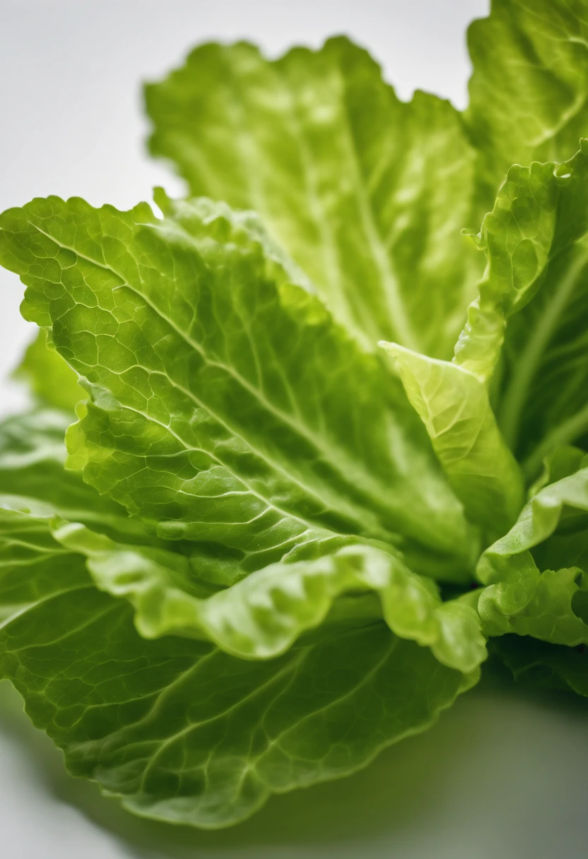 a minimalistic shot of a single lettuce leaf against a clean, white background, allowing the vibrant green color to be the focal point