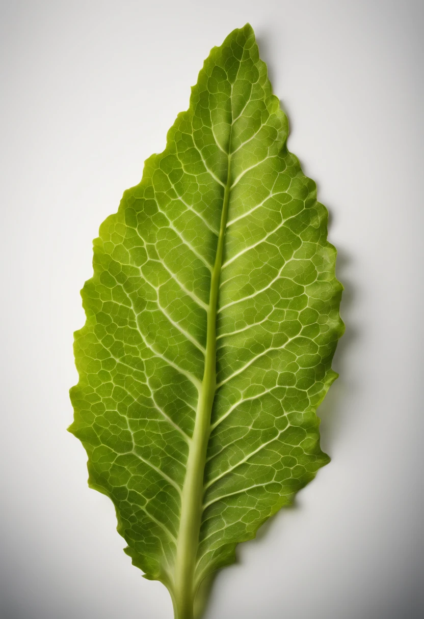 a minimalistic shot of a single lettuce leaf against a clean, white background, allowing the vibrant green color to be the focal point