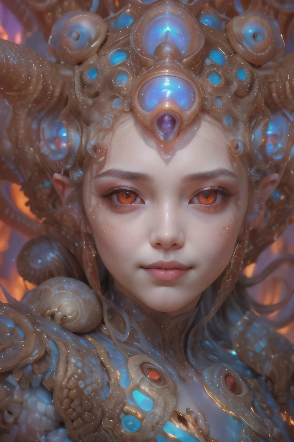 Portrait, (1 beautiful female alien:1.2),  ((There is a female genital-like organ in the middle of the forehead.:1.9)), (The most beautiful face in the history of the universe:1.2), (Scarlet eyes that shine mysteriously:1.6), (Translucent skin:1.8), an evil gaze that seduces, (red eyes:1.5), (large mouth:1.1), sharp teeth like a shark, Full body like, (bio luminescent:1.2), (Smile wickedly:1.3),  (sexypose:1.5), alien, No humans, cells are fused, (Lots of translucent tentacles:1.1) (Translucent skin:1.3), extraterrestrial, cell, bio image, Best Quality, 8K,4K_quality, High Definition, Dramatic Lighting, masutepiece:1.5,cinematic quality, detail up, (Intricate details:1.2), High resolution, High Definition, drawing faithfully, (Thick eyebrows:1.2), Beautiful eyes with fine symmetry, (Ultra detailed eyes:1.2),(Highly detailed face and eyes:1.2), (High-resolution red-eye:1.4), Intimate face, (Super detailed skin quality feeling:1.4), Perfect Anatomy,  (Beautiful toned body:1.5),  (Moist skin:1.2), No makeup, (dark circles:1.1), long canines, cinematic drawing of characters, ultra high quality model, cinematic quality, detail up, (Intricate details:1.2), High resolution, High Definition, drawing faithfully, Official art, Unity 8K wall  , 8K Portrait, Best Quality, Very High resolution, ultra detailed artistic photography, midnight aura,  unreal enginee 5, Ultra Sharp Focus, art by alberto seveso, ArtGerm, Roisch, intricate artwork, best quality, masutepiece, ultra High resolution, (photos realistic:1.4), Ultra-realistic realism, dream-like,  nautilus, Creation of fantasy, Snail, Dream Snail,  (biopunk nautilus:1.3), Thrilling color schemes， Ultra-realistic realism， seductively smiling, Blue tentacles, Creatures that mimic humans