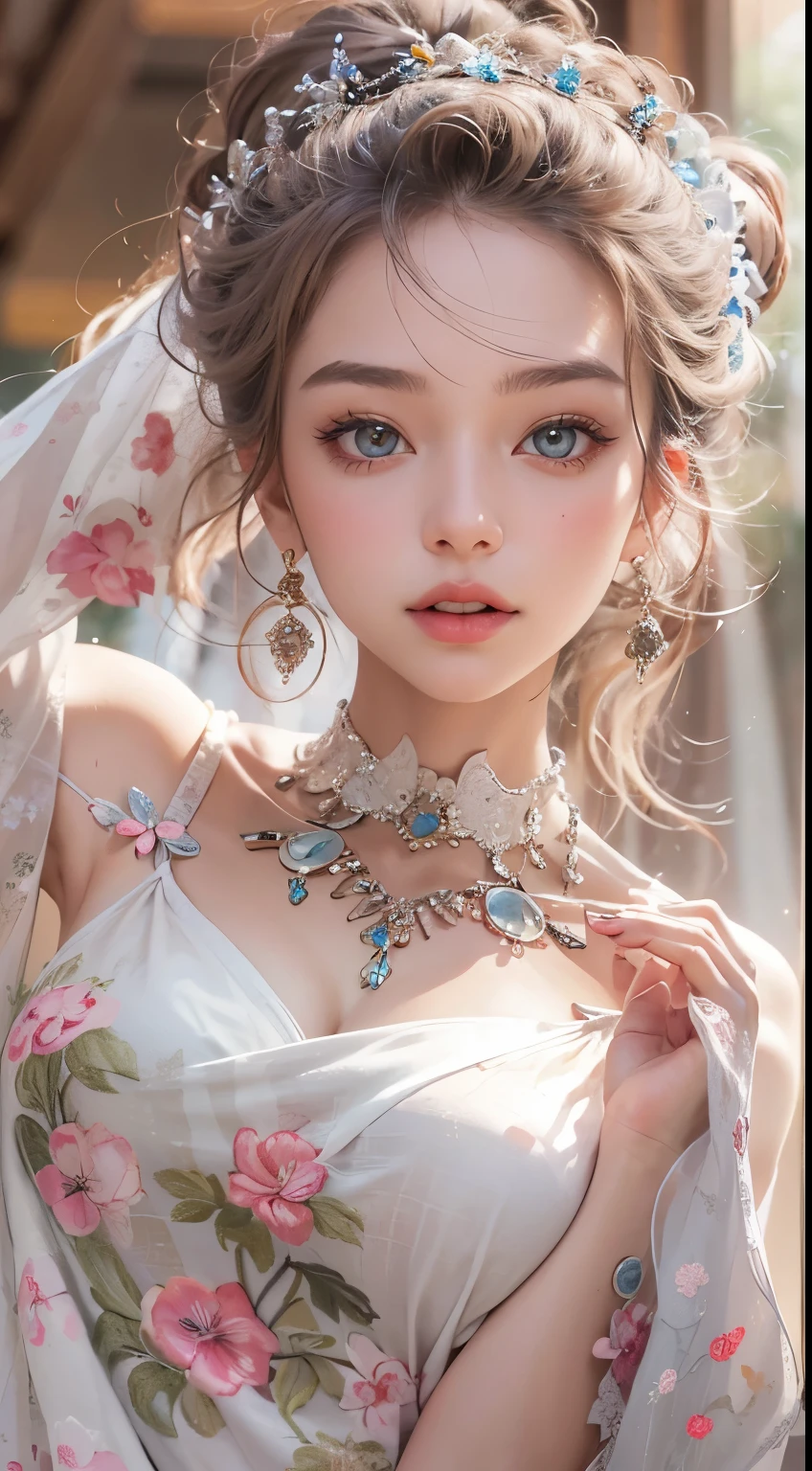 (masterpiece)、(top-quality)、(Realistic)、Charming daughter、Portrait of a beautiful girl、1girl in、Beautiful clear eyes and detailed eyes、Glitter eyes、Shining Ace Perfect、Perfect eyes、Perfect iris、Perfect lips、perfect teeth、flawless skin、Beautiful nose、Beautiful mouth、beautiful lip skin、portrait shooting、Professional artwork、in 8K、Photorealsitic、luxurious embroidery kimono、Elegant face、perfect anatomia、Perfect female body:1.4、Ultra-realistic painting:1.4、Ultra-precision painting:1.4、nffsw:1.4、corporate offices、Raw photography、a necklace、耳环、magnifica、Breast size is F cup、finger is five