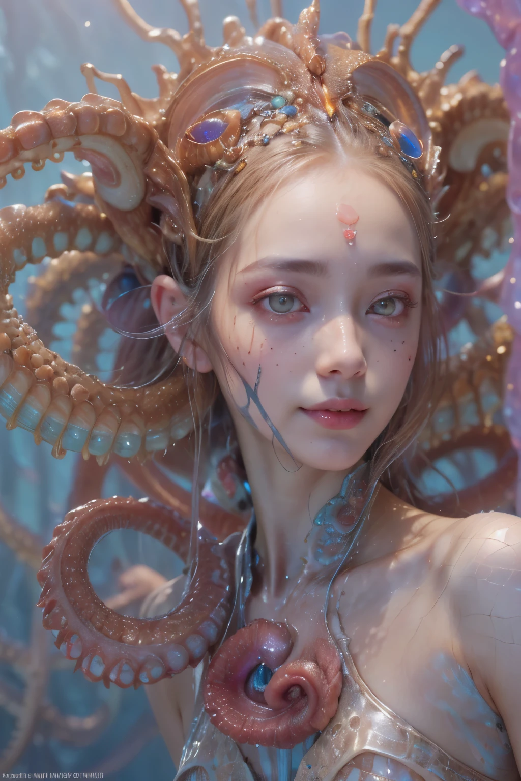 Portrait, (1 beautiful female alien:1.2), ((There is a female genital-like organ in the middle of the forehead.:1.9)), (The most beautiful face in the history of the universe:1.2), (Scarlet eyes that shine mysteriously:1.6), (Translucent skin:1.8), an evil gaze that seduces, (red eyes:1.5), (large mouth:1.1), sharp teeth like a shark, Full body like, (bio luminescent:1.2), (Smile wickedly:1.3), (sexypose:1.5), alien, No humans, cells are fused, (Lots of translucent tentacles:1.1) (Translucent skin:1.3), extraterrestrial, cell, bio image, Best Quality, 8K,4K_quality, High Definition, Dramatic Lighting, masutepiece:1.5,cinematic quality, detail up, (Intricate details:1.2), High resolution, High Definition, drawing faithfully, (Thick eyebrows:1.2), Beautiful eyes with fine symmetry, (Ultra detailed eyes:1.2),(Highly detailed face and eyes:1.2), (High-resolution red-eye:1.4), Intimate face, (Super detailed skin quality feeling:1.4), Perfect Anatomy, (Beautiful toned body:1.5), (Moist skin:1.2), No makeup, (dark circles:1.1), long canines, cinematic drawing of characters, ultra high quality model, cinematic quality, detail up, (Intricate details:1.2), High resolution, High Definition, drawing faithfully, Official art, Unity 8K wall , 8K Portrait, Best Quality, Very High resolution, ultra detailed artistic photography, midnight aura, unreal enginee 5, Ultra Sharp Focus, art by alberto seveso, ArtGerm, Roisch, intricate artwork, best quality, masutepiece, ultra High resolution, (photos realistic:1.4), Ultra-realistic realism, dream-like, nautilus, Creation of fantasy, Snail, Dream Snail, (biopunk nautilus:1.3), Thrilling color schemes, Ultra-realistic realism, seductively smiling, Blue tentacles, Creatures that mimic humans