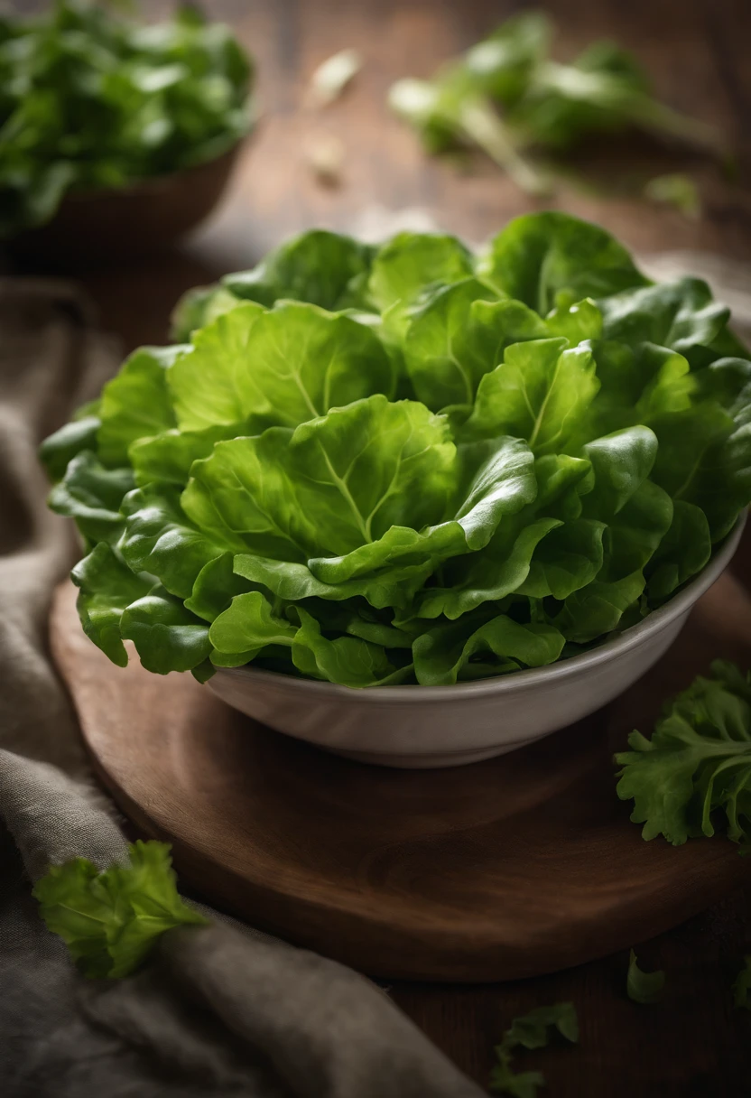 a top-down shot of a bowl filled with fresh, vibrant lettuce leaves, creating a visually pleasing and appetizing composition