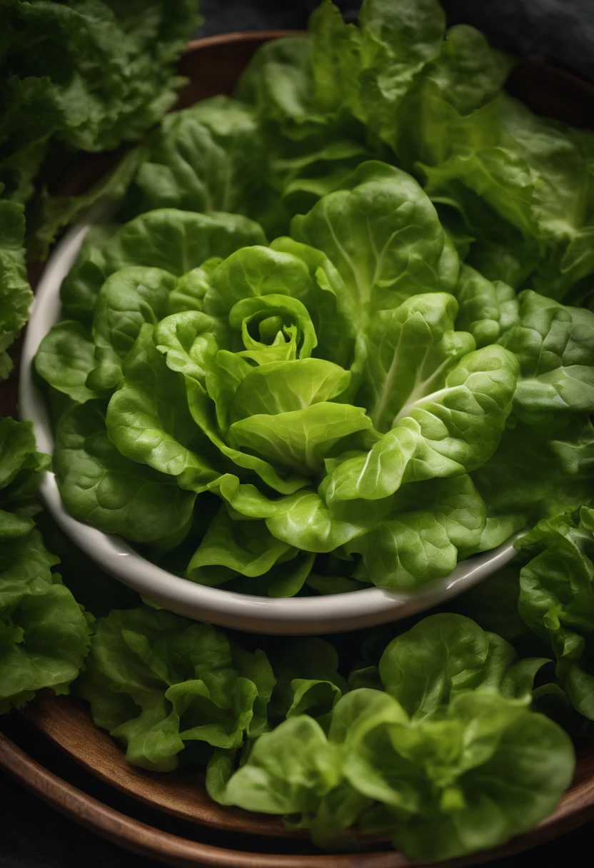 a top-down shot of a bowl filled with fresh, vibrant lettuce leaves, creating a visually pleasing and appetizing composition